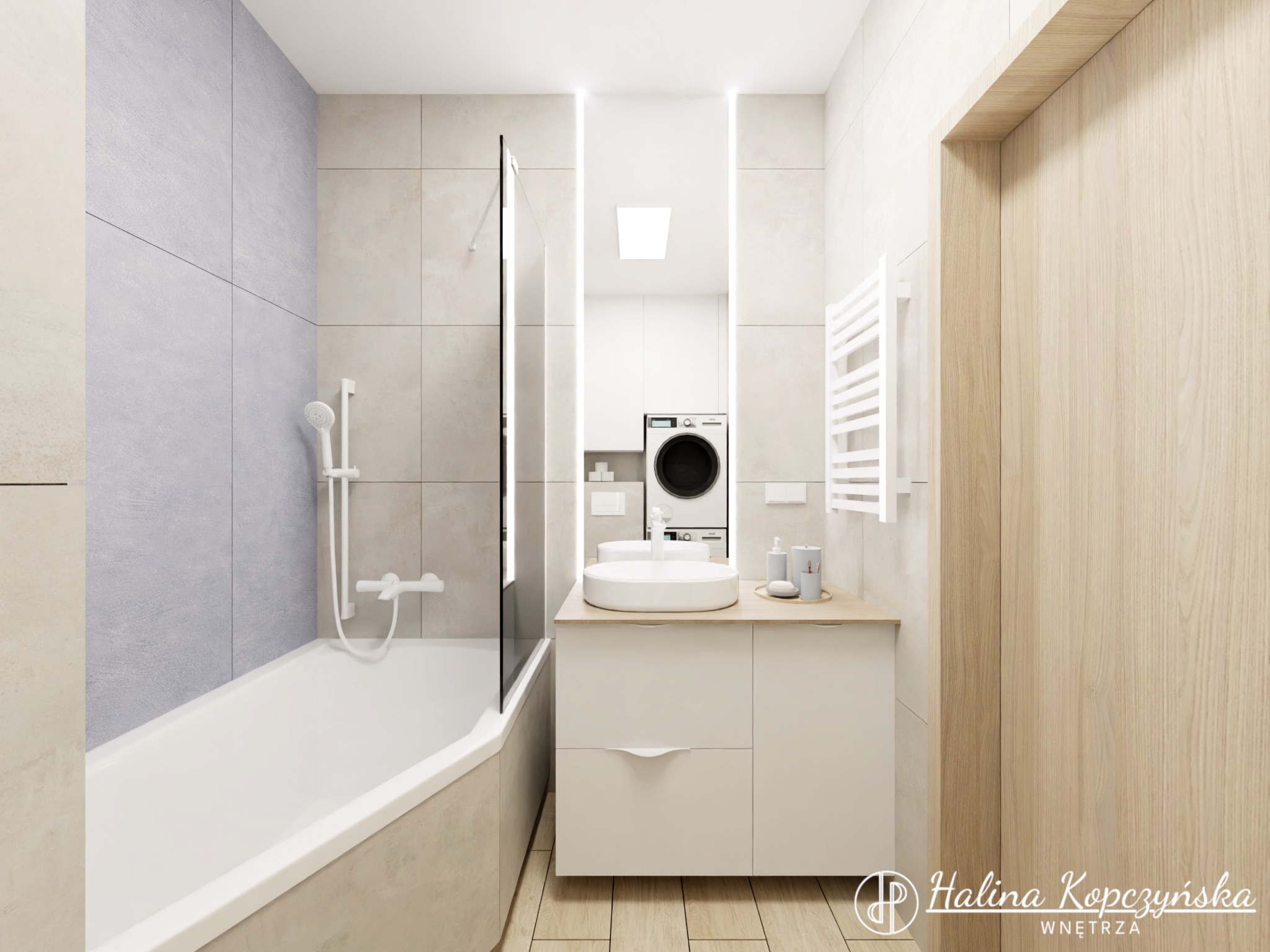Wizualizacja łazienki z wanną obudowaną szarymi płytkami, umywalką nablatową na szafce z jasnego drewna i pralką widoczną w głębi, podświetlane lustro, grzejnik drabinkowy.