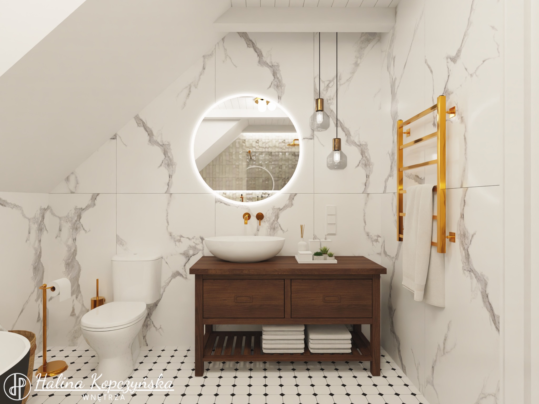 Nowoczesna łazienka na poddaszu z marmurowymi płytkami, okrągłym lustrem z podświetleniem LED, drewnianą szafką pod umywalką, złotym grzejnikiem drabinkowym i czarno-białą mozaiką podłogową.