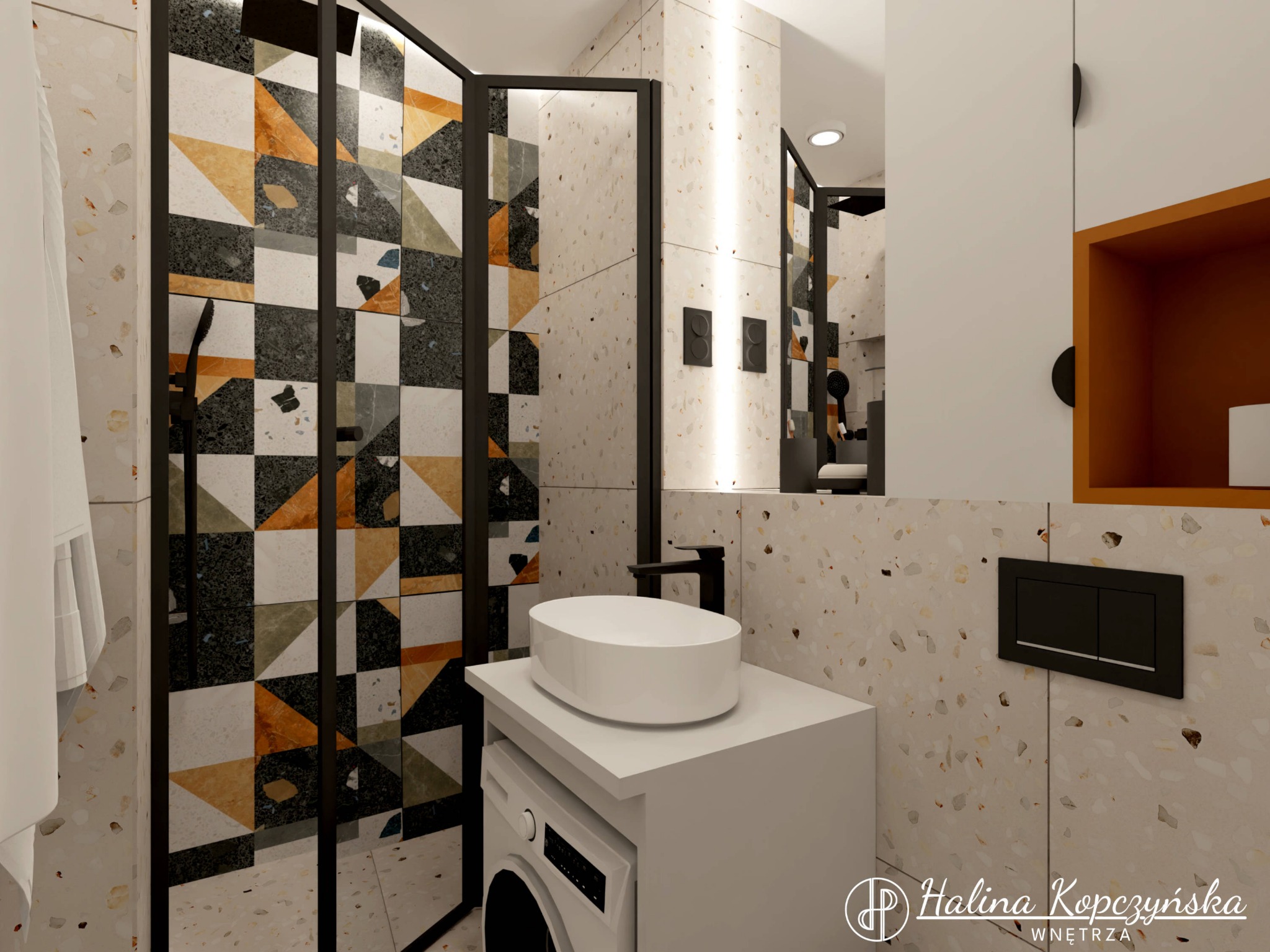 Nowoczesna łazienka z kabiną prysznicową o geometrycznym wzorze, umywalką nablatową na szafce z pralką oraz płytkami imitującymi lastryko na ścianach.