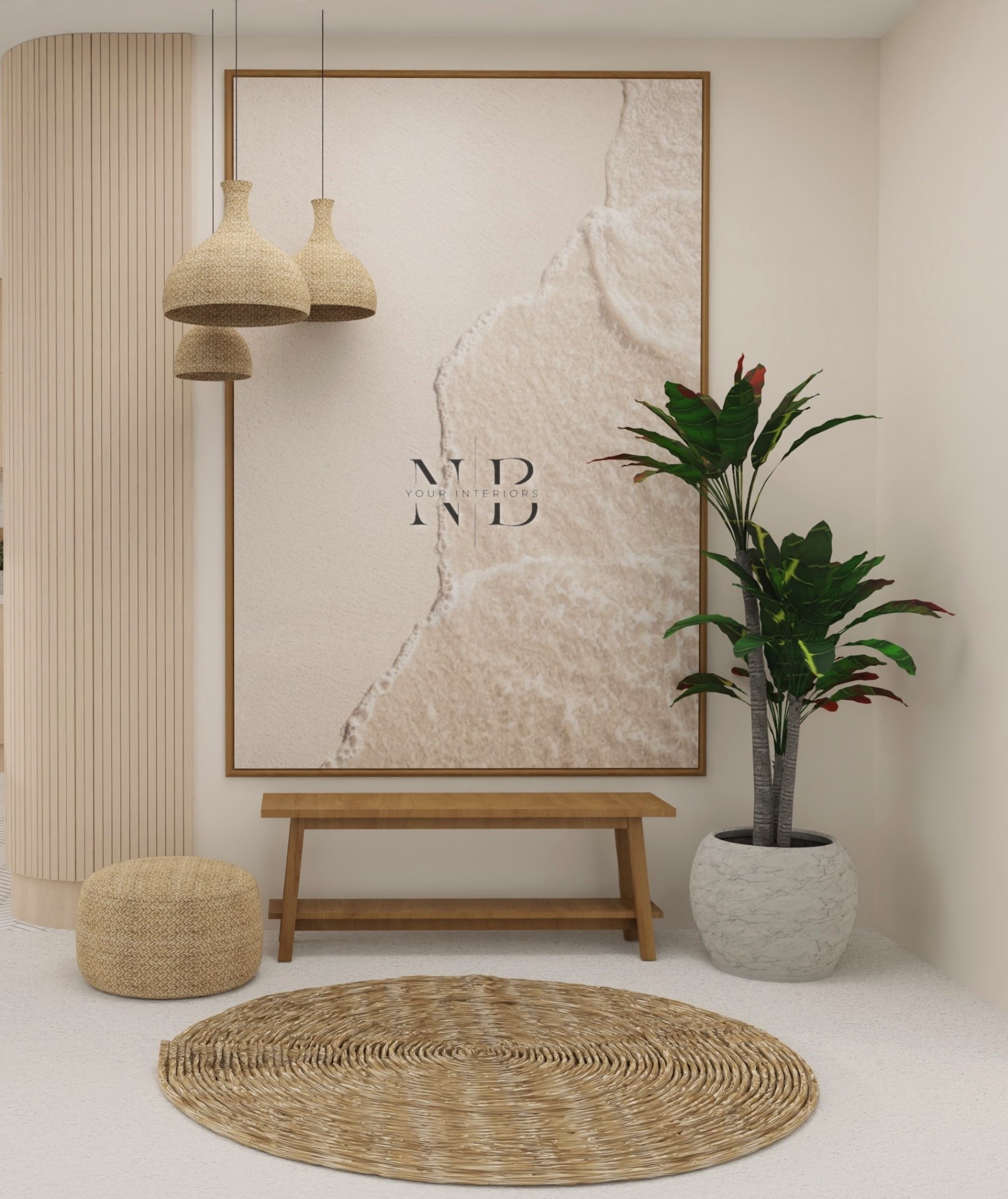 Neutralna aranżacja przedpokoju: plecione lampy wiszące, grafika z motywem plaży w drewnianej ramie, drewniana ławeczka, okrągły dywan ze sznurka oraz roślina doniczkowa.