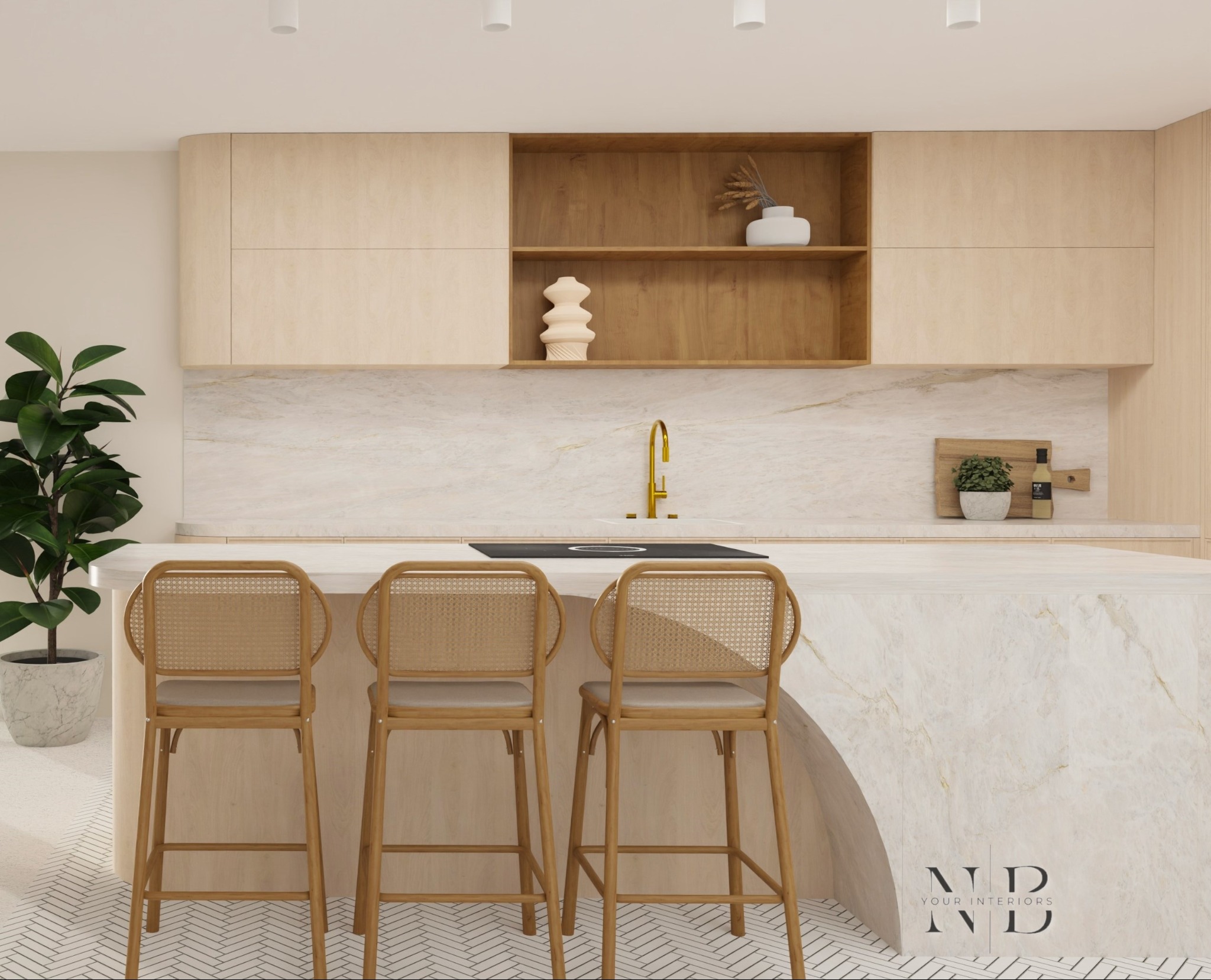 Wizualizacja jasnej kuchni z wyspą, drewnianymi szafkami, złotą armaturą i trzema hokerami z rattanowym oparciem, uzupełniona rośliną doniczkową i dekoracjami.