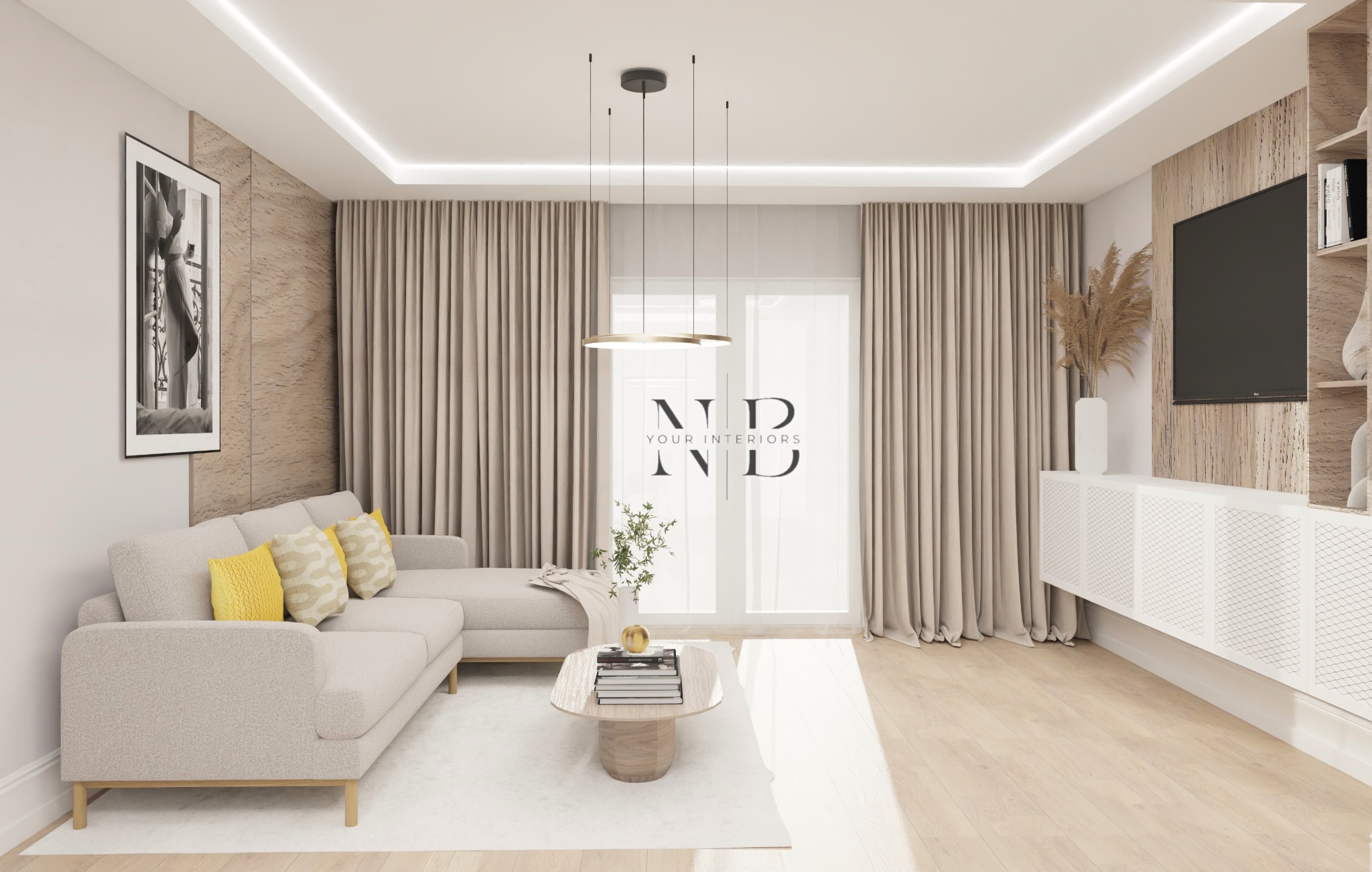 Wizualizacja salonu w Sierakowie z beżową sofą z żółtymi poduszkami, drewnianą ścianą z telewizorem i białymi szafkami, okrągłym stolikiem kawowym i designerską lampą wiszącą.