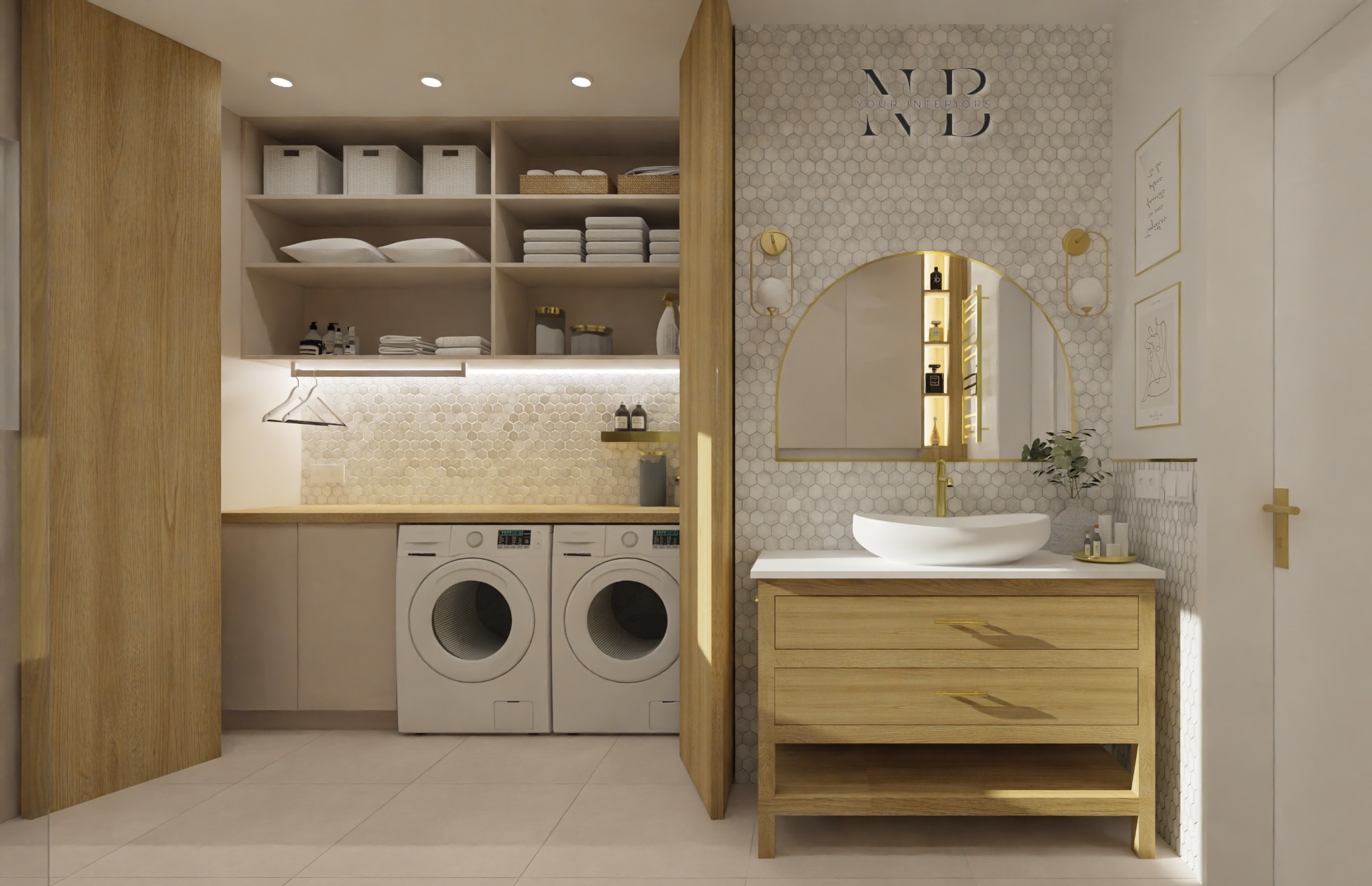 Jasna łazienka z pralnią: drewniana szafka pod umywalkę z owalną białą misą, złote detale, lustro z podświetleniem, pralka, półki z koszami i ręcznikami, heksagonalne płytki na ścianie.