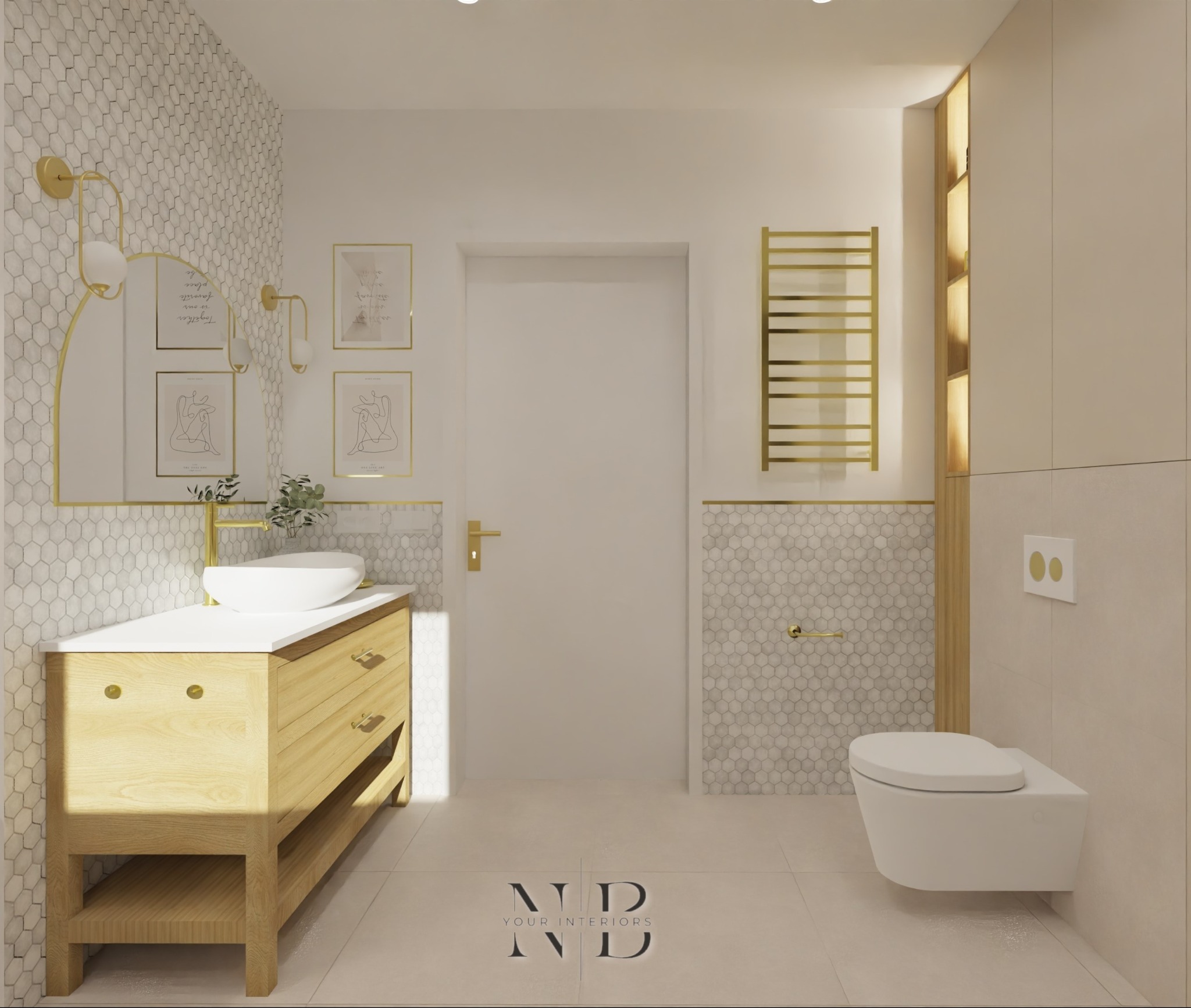 Wizualizacja łazienki w jasnych barwach z drewnianą szafką pod umywalką, heksagonalnymi płytkami na ścianie, złotymi akcentami i minimalistycznymi grafikami w ramkach.