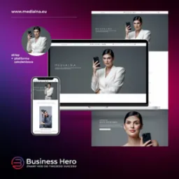 Prezentacja strony internetowej firmy Medialna na laptopie i telefonie, z elegancką kobietą trzymającą smartfon na pierwszym planie, promująca szkolenia z zakresu social media dla branży beauty.