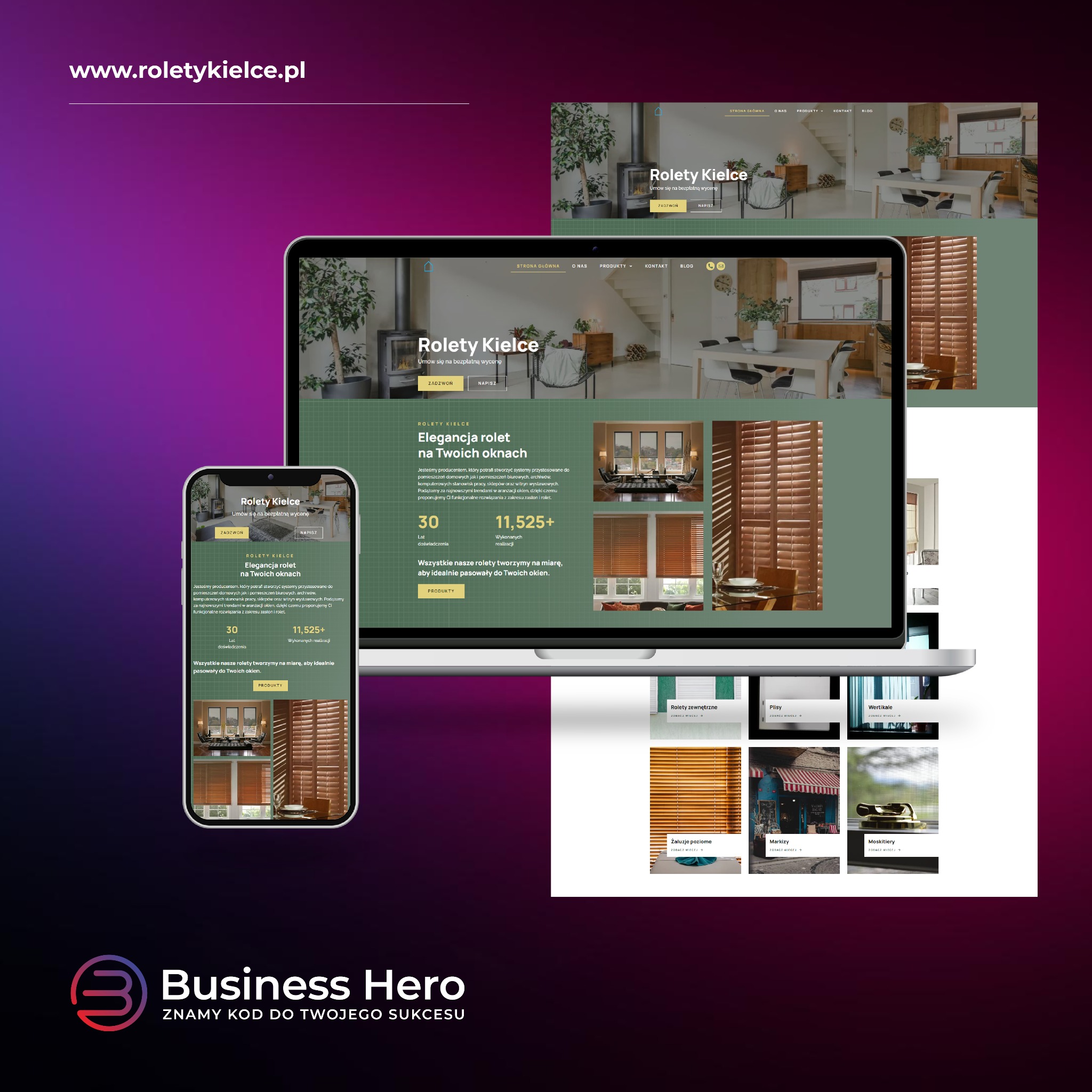Responsywna strona internetowa firmy Rolety Kielce wyświetlana na laptopie i smartfonie, prezentująca eleganckie rolety wewnętrzne w różnych aranżacjach okiennych.