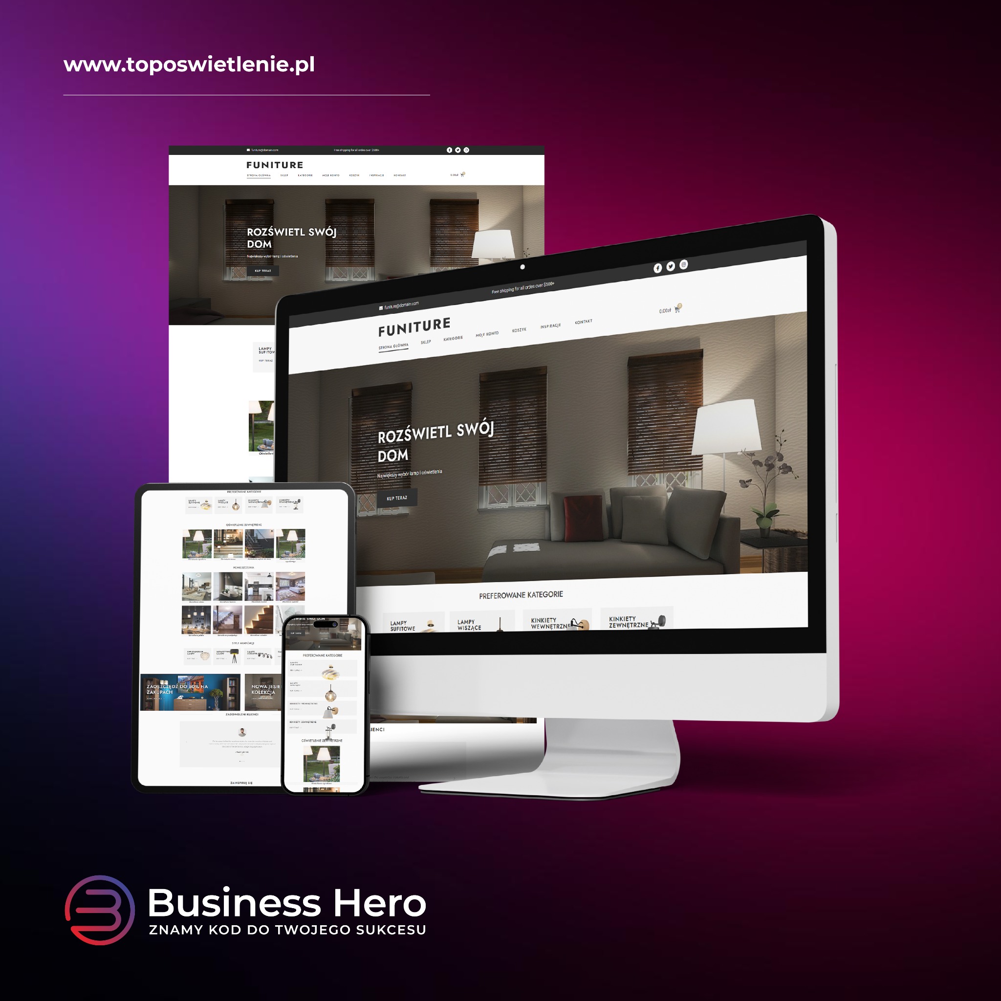Responsywna strona internetowa sklepu z oświetleniem, prezentowana na monitorze, tablecie i smartfonie na ciemnym tle.