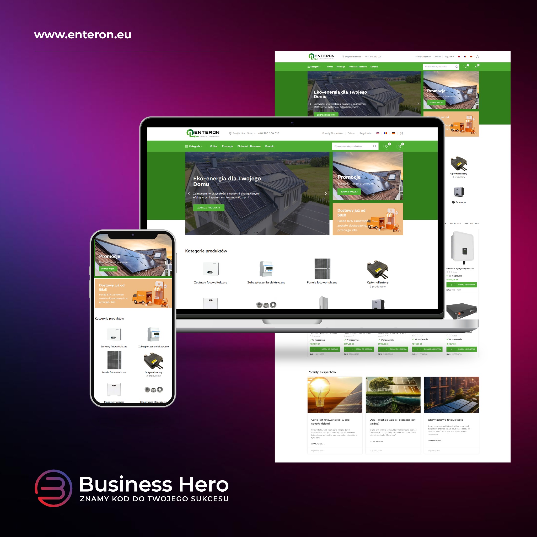 Responsywna strona internetowa firmy Enteron na laptopie i smartfonie, prezentująca ofertę eko-energii dla domu, z panelami fotowoltaicznymi na dachu budynku w tle.