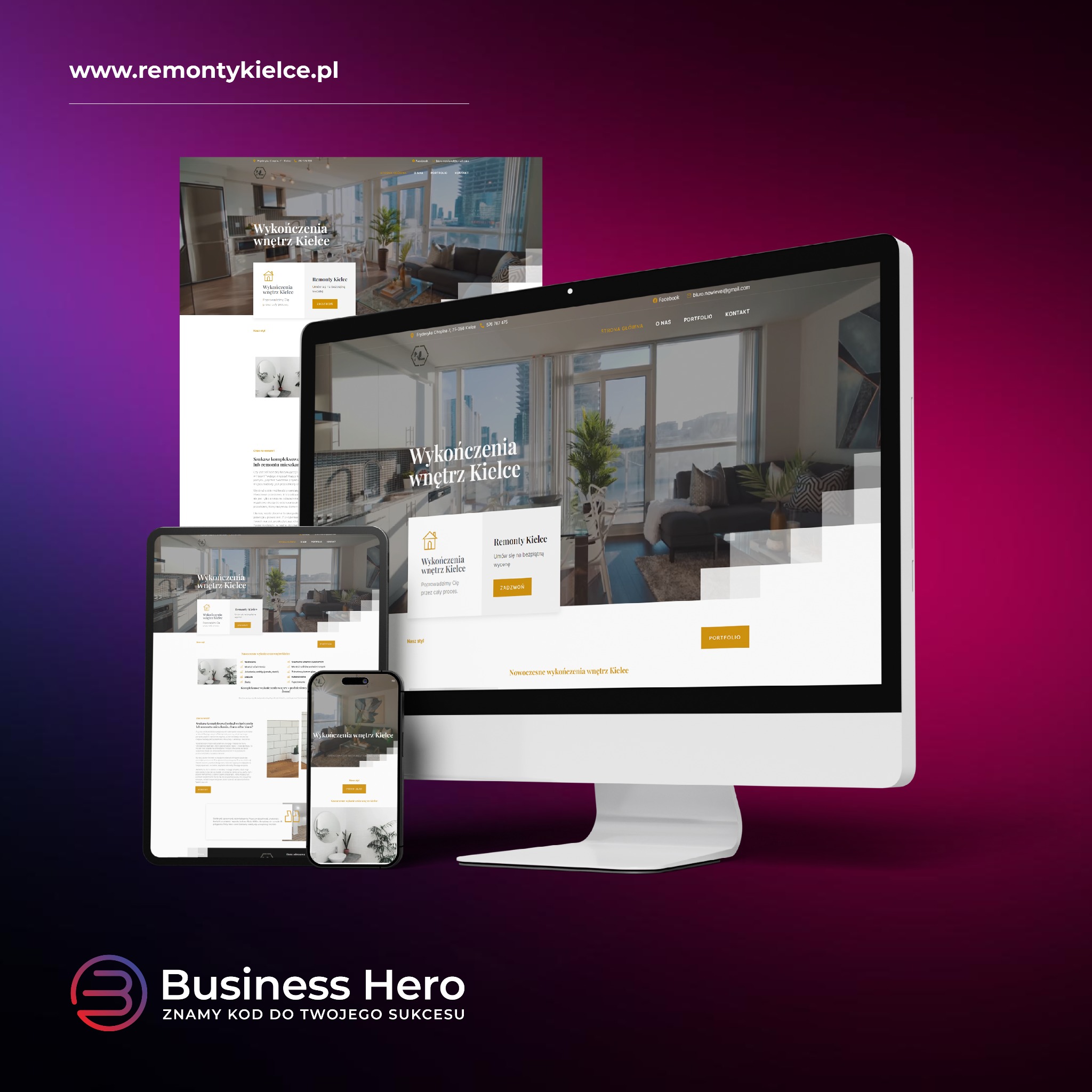 Prezentacja responsywnej strony internetowej na monitorze, tablecie i smartfonie, z widocznym wnętrzem mieszkania w tle na każdym urządzeniu.