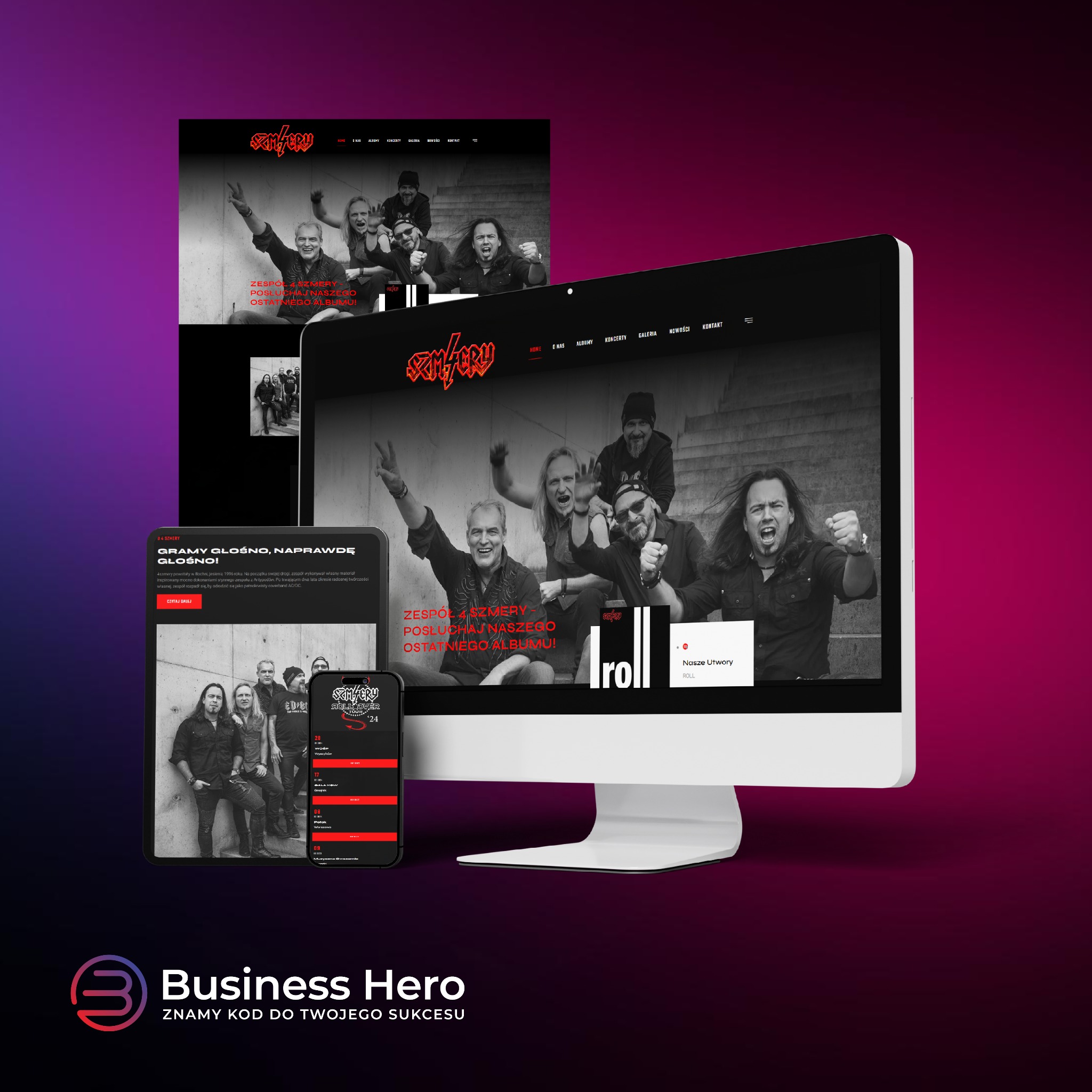 Prezentacja responsywnej strony internetowej zespołu muzycznego na monitorze i smartfonie, z widocznym menu, galerią zdjęć i informacjami o koncertach.