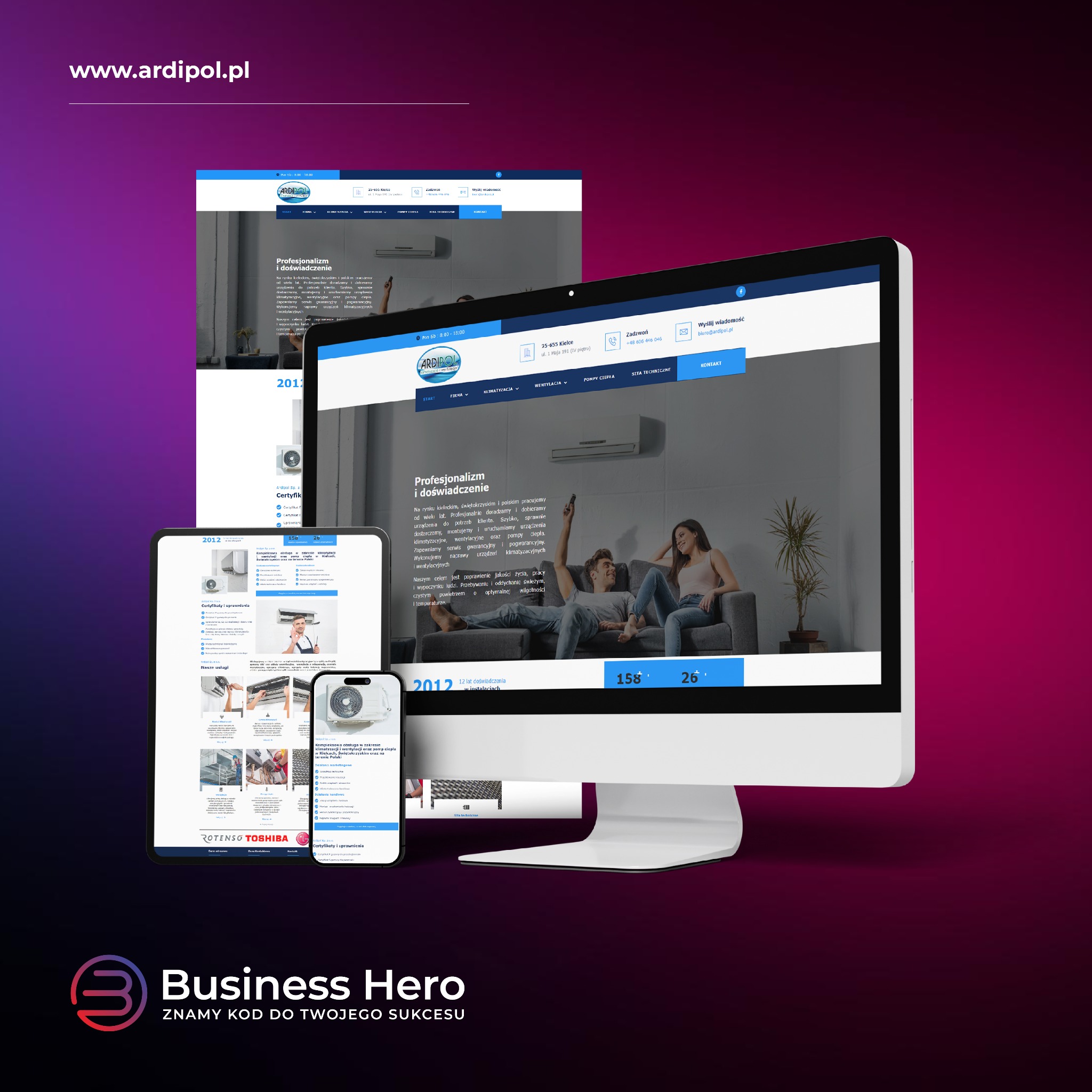 Strona internetowa firmy z branży klimatyzacji i wentylacji wyświetlana na monitorze, tablecie i smartfonie, prezentująca ofertę i profesjonalizm firmy, z widoczną parą relaksującą się...