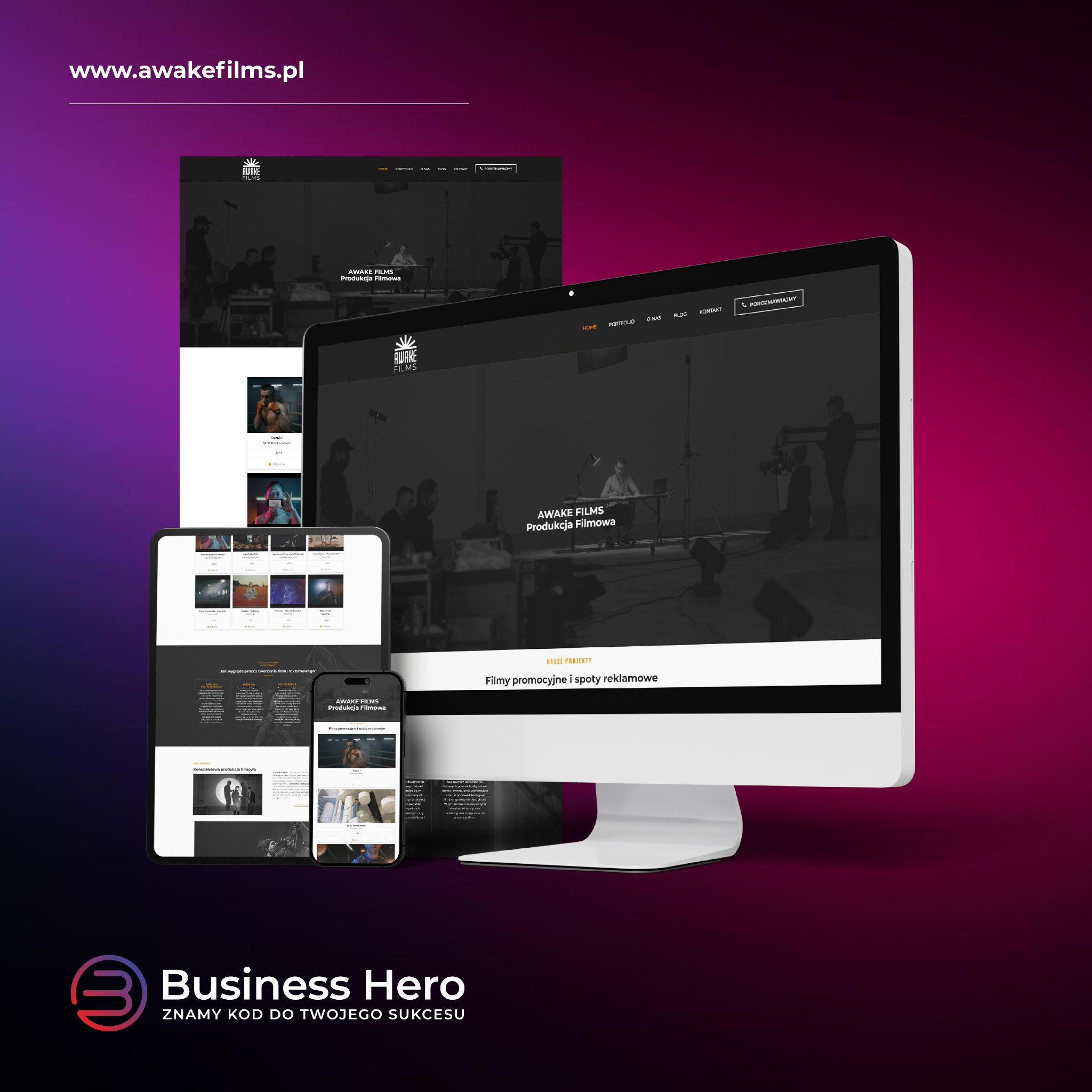 Ekran komputera, tablet i smartfon wyświetlają stronę internetową firmy Awake Films, specjalizującej się w produkcji filmowej, z widocznymi kadrami z planu filmowego i informacjami o ofercie.