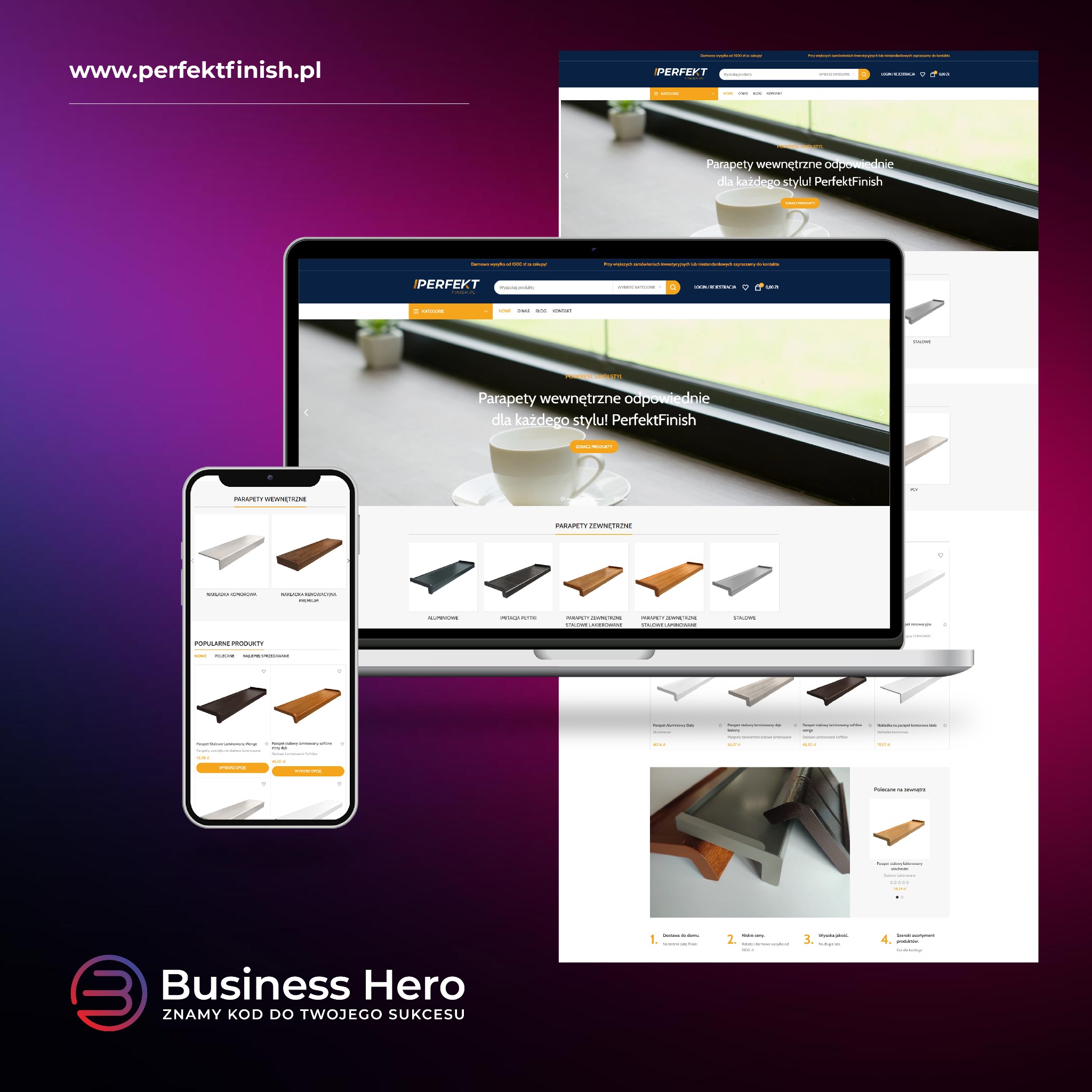 Prezentacja strony internetowej sklepu z parapetami wewnętrznymi na ekranie laptopa i smartfona, z widoczną ofertą produktową i sloganem reklamowym.