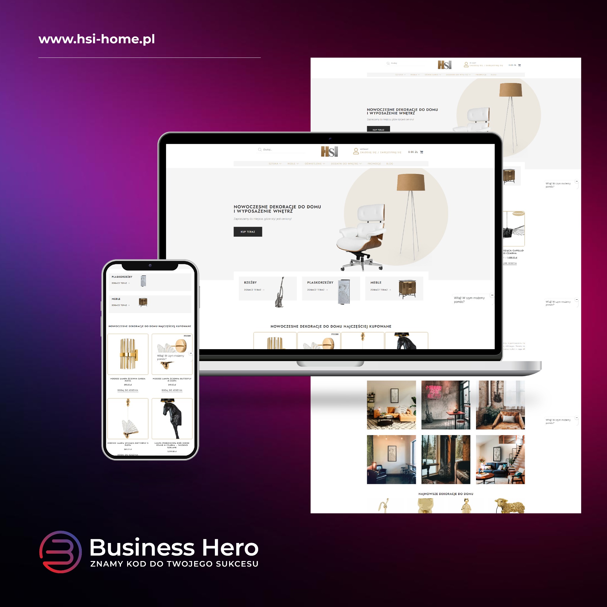 Ekran laptopa i smartfona prezentujące stronę internetową z ofertą nowoczesnych dekoracji i wyposażenia wnętrz, w tle gradient w odcieniach fioletu i różu.