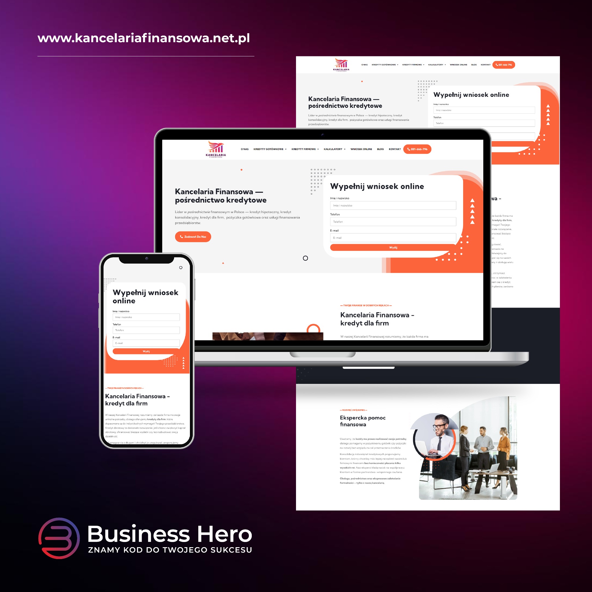 Responsywna strona internetowa kancelarii finansowej wyświetlana na laptopie i smartfonie, prezentująca formularz online do wypełnienia wniosku kredytowego.