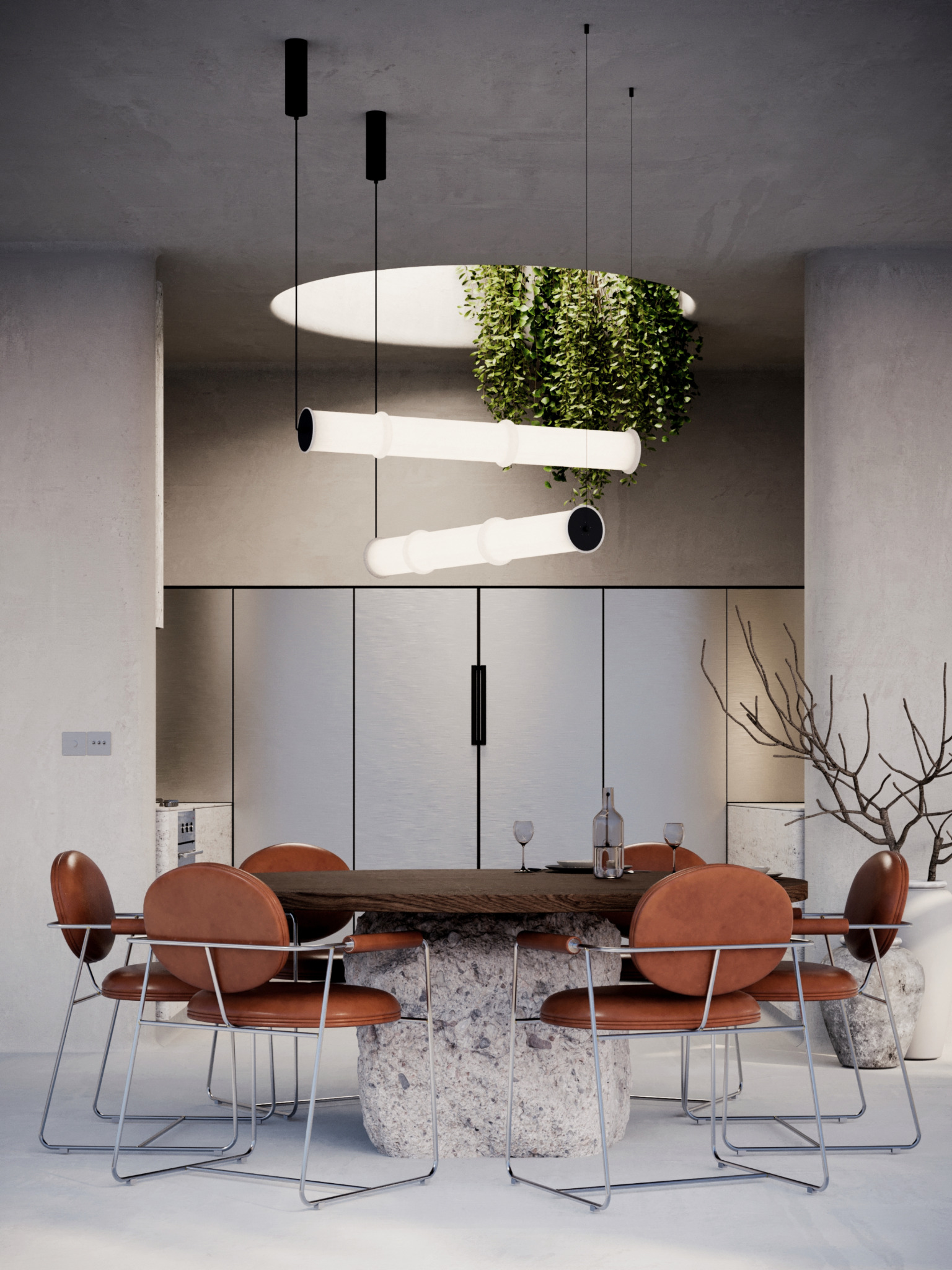 Nowoczesna jadalnia z drewnianym stołem wspartym na kamiennej podstawie, otoczonym brązowymi krzesłami na metalowych nogach, z wiszącymi lampami tubowymi i roślinami zwisającymi z sufitu.