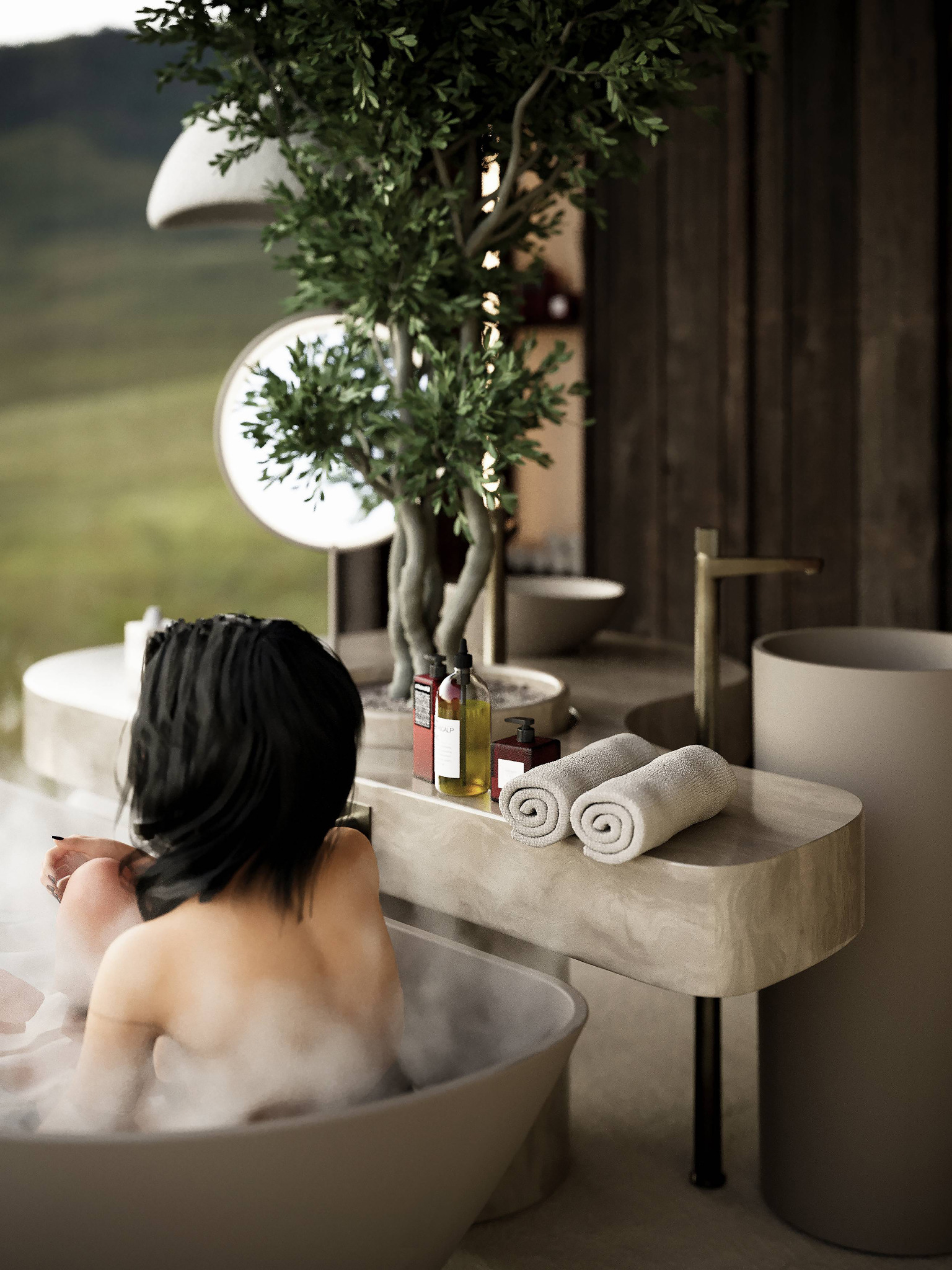 Kobieta relaksuje się w wannie wypełnionej pianą, z widokiem na zielony krajobraz za oknem; obok wanny stoi umywalka z ręcznikami i kosmetykami, a całość dopełnia dekoracyjne drzewko w doniczce.