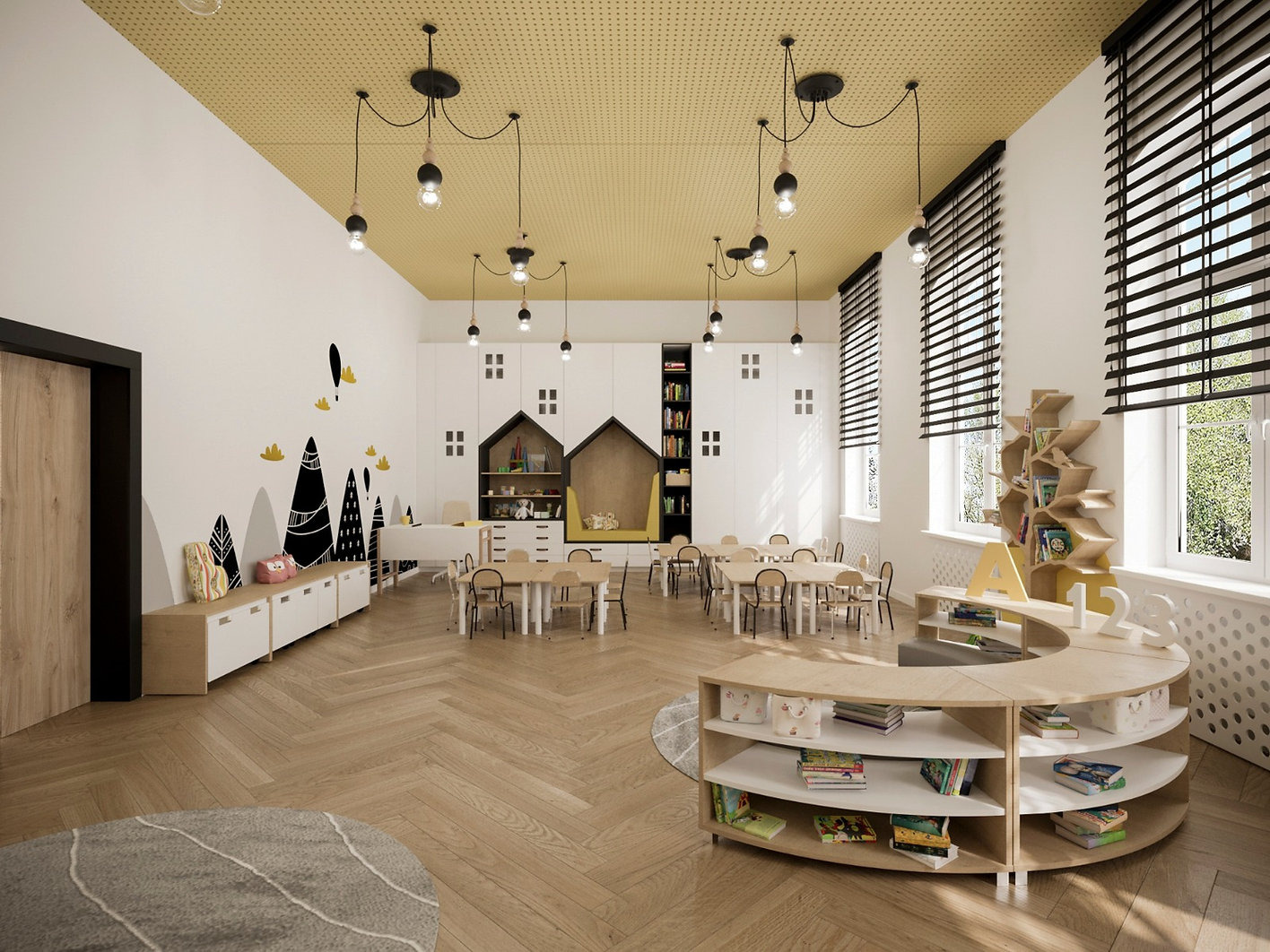 Wnętrze jasnej sali przedszkolnej z drewnianą podłogą w jodełkę, białymi meblami, dekoracjami ściennymi w kształcie gór i oryginalnym oświetleniem z żarówkami na kablach.
