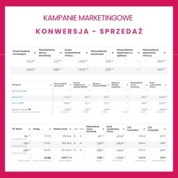 StartUp Social Media - Paulina Siewierska-Kowalczyk - Tabela z danymi kampanii marketingowych, prezentująca koszty dodania do koszyka, wyświetlenia strony docelowej, zwrot z wydatków na reklamę (ROAS), zakupy w witrynie i aplikacji, CPC, CTR...