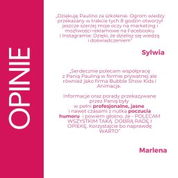 StartUp Social Media - Paulina Siewierska-Kowalczyk - Grafika z pozytywnymi opiniami klientek Sylwii i Marleny o szkoleniu, podkreślające profesjonalizm i wiedzę przekazaną na temat marketingu i reklamy na Facebooku i Instagramie.