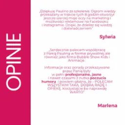 Grafika z pozytywnymi opiniami klientek Sylwii i Marleny o szkoleniu, podkreślające profesjonalizm i wiedzę przekazaną na temat marketingu i reklamy na Facebooku i Instagramie.