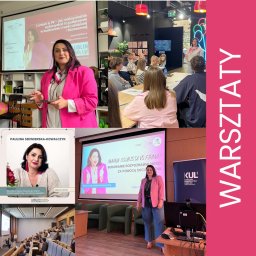 StartUp Social Media - Paulina Siewierska-Kowalczyk - Kolaż zdjęć z warsztatów: prelegentka w różowej marynarce prezentuje slajdy o budowaniu marki osobistej i łączeniu contentu z PR, uczestnicy słuchają wykładu, widok na salę wykładową z publicznością.
