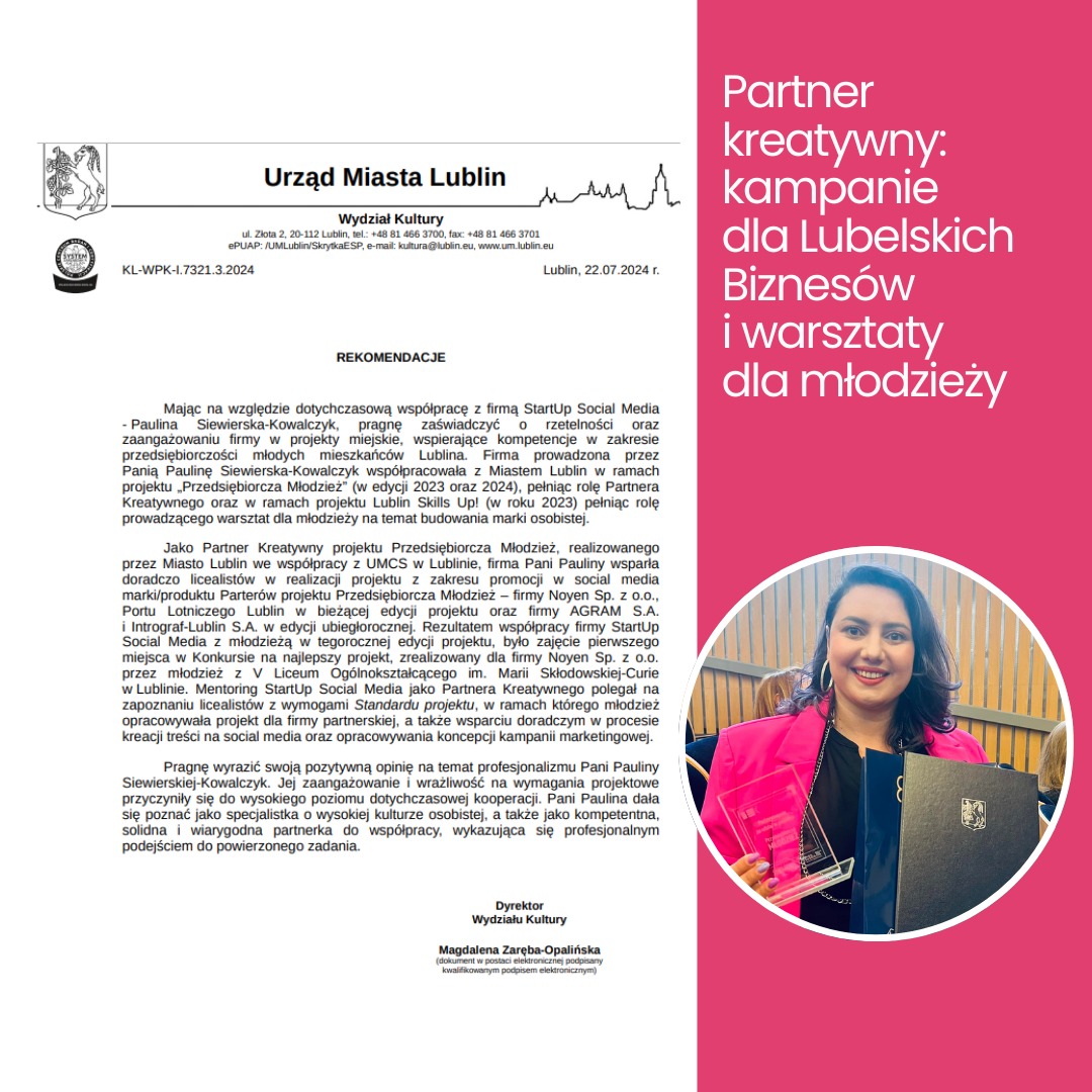 Kobieta uśmiechnięta, w różowej marynarce, trzymająca nagrodę i czarny folder z logo Urzędu Miasta Lublin, na tle tekstu o partnerstwie kreatywnym i kampaniach dla lubelskich biznesów.