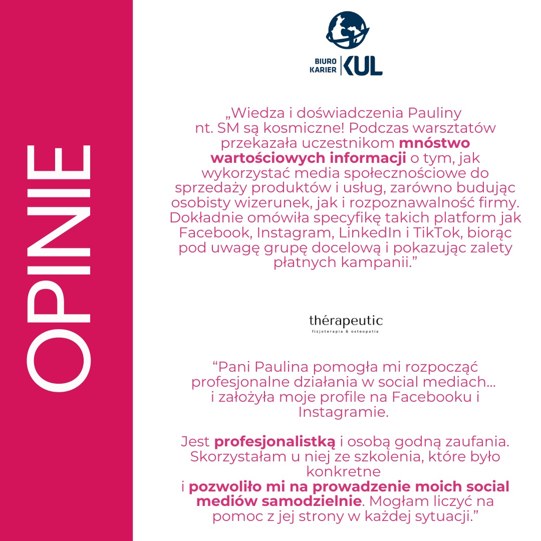 Grafika przedstawiająca opinie klientów o szkoleniu z zakresu mediów społecznościowych, z logotypem firmy KUL i therapeutic, zawiera cytaty o wiedzy i doświadczeniu Pauliny oraz korzyściach...