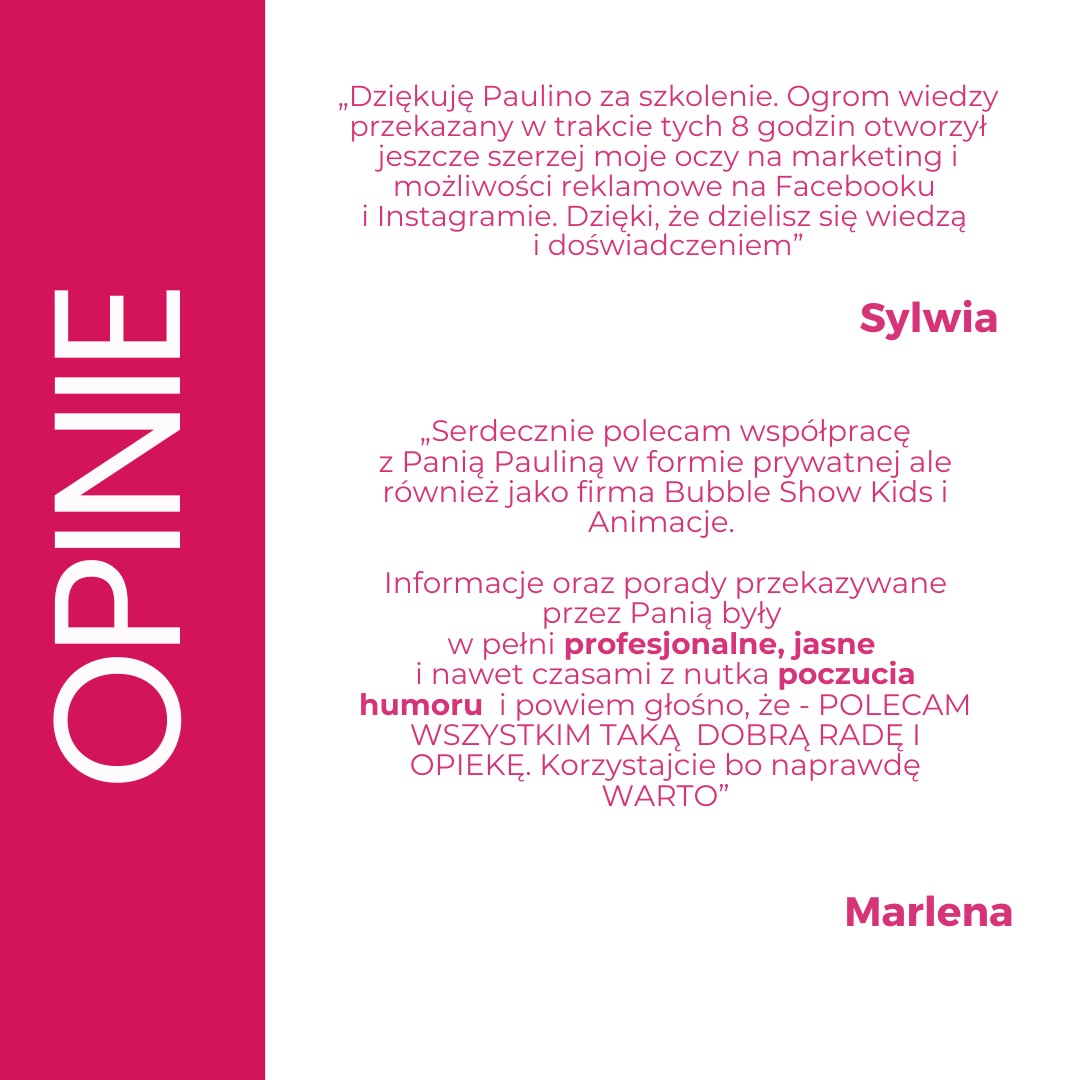 Grafika z pozytywnymi opiniami klientek Sylwii i Marleny o szkoleniu, podkreślające profesjonalizm i wiedzę przekazaną na temat marketingu i reklamy na Facebooku i Instagramie.