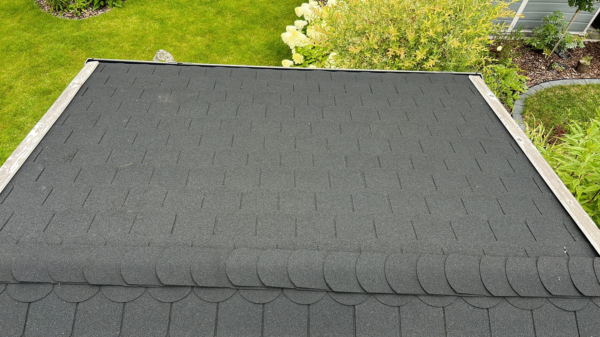 Nowy dach pokryty czarnym gontem bitumicznym o zaokrąglonym kształcie, widoczne wykończenia drewniane, w tle zadbany ogród z zielonym trawnikiem i kwitnącymi hortensjami.