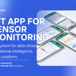 Aplikacja mobilna do monitoringu IoT, prezentująca interfejs użytkownika na kilku smartfonach, z widocznymi danymi z sensorów, takimi jak temperatura, wilgotność i zapylenie, stworzona przez firmę...