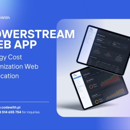 CodeWith Sp. z o.o. - Dwa tablety prezentują panel użytkownika platformy PowerStream do zarządzania energią, z widocznymi wykresami i danymi dotyczącymi zużycia energii oraz optymalizacji kosztów. Interfejs użytkownika...