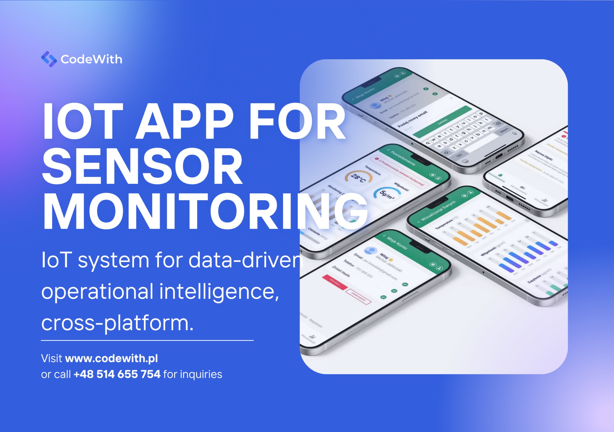 Aplikacja mobilna do monitoringu IoT, prezentująca interfejs użytkownika na kilku smartfonach, z widocznymi danymi z sensorów, takimi jak temperatura, wilgotność i zapylenie, stworzona przez firmę...