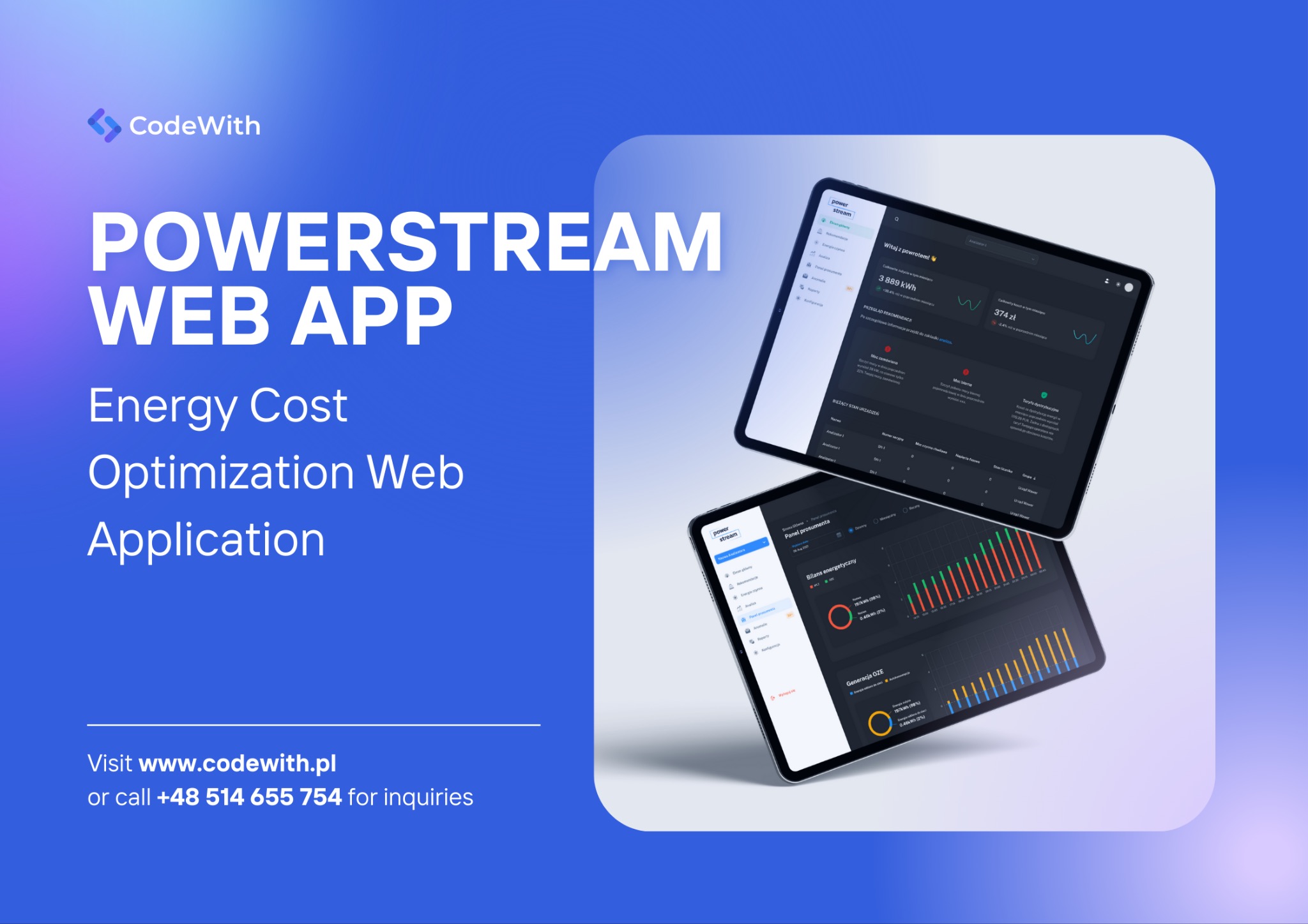Dwa tablety prezentują panel użytkownika platformy PowerStream do zarządzania energią, z widocznymi wykresami i danymi dotyczącymi zużycia energii oraz optymalizacji kosztów. Interfejs użytkownika...