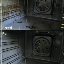 Wnętrze piekarnika w dwóch ujęciach: górne - silnie zabrudzone, dolne - po dokładnym wyczyszczeniu, widoczna grzałka i wentylator.