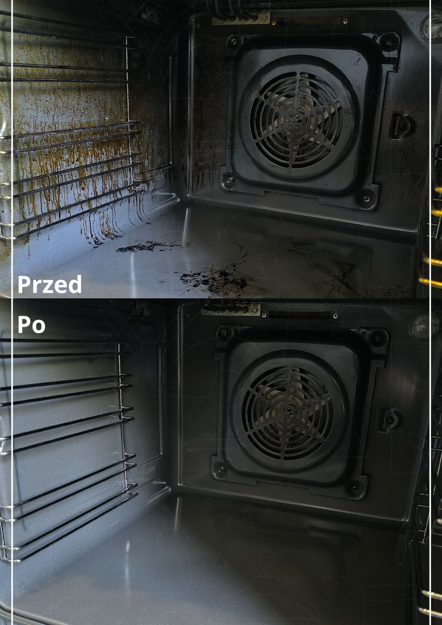 Wnętrze piekarnika w dwóch ujęciach: górne - silnie zabrudzone, dolne - po dokładnym wyczyszczeniu, widoczna grzałka i wentylator.