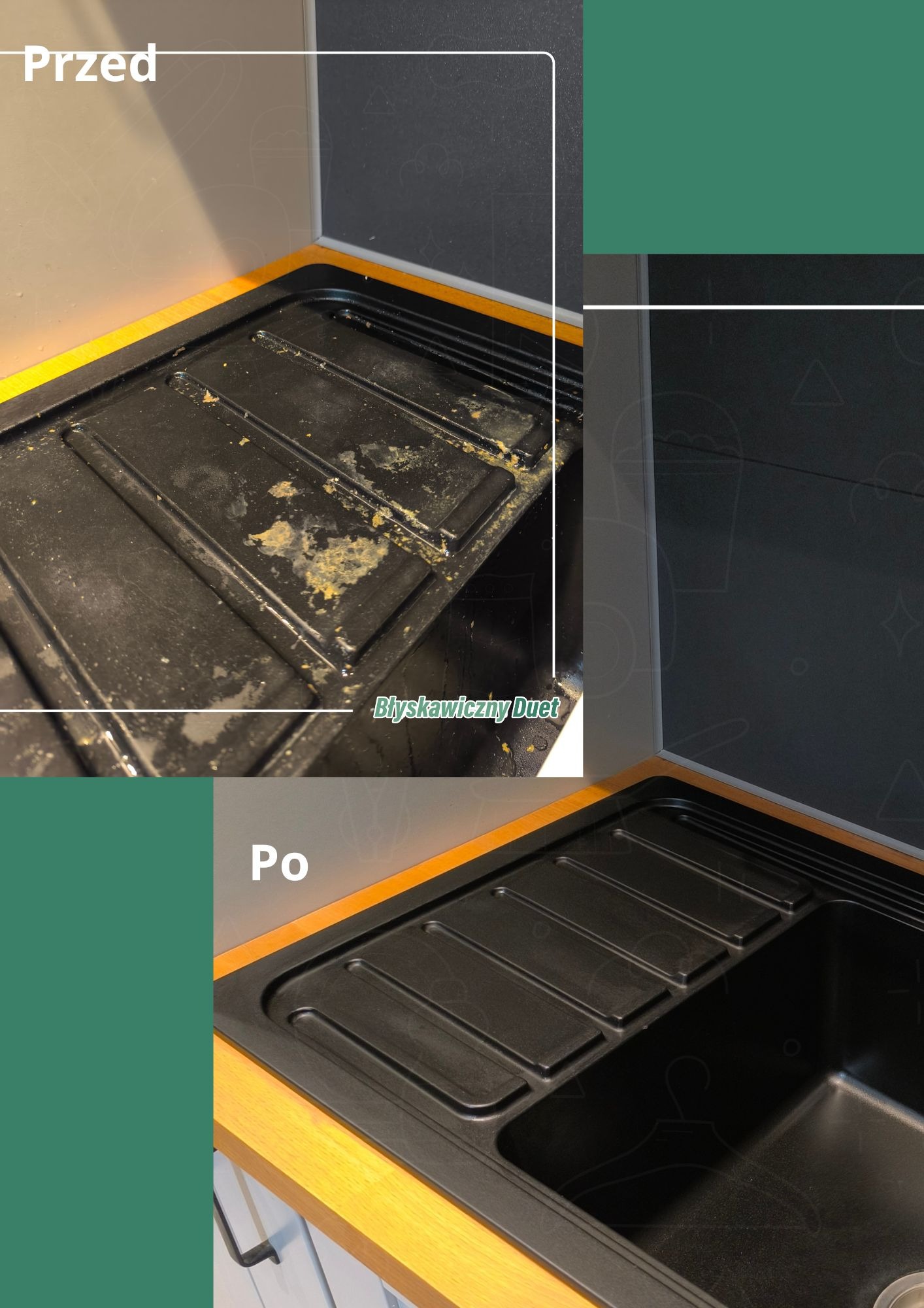 Zlewozmywak kuchenny z ociekaczem, widok przed i po czyszczeniu, z widocznymi zabrudzeniami w górnej części zdjęcia i czystą powierzchnią w dolnej części.
