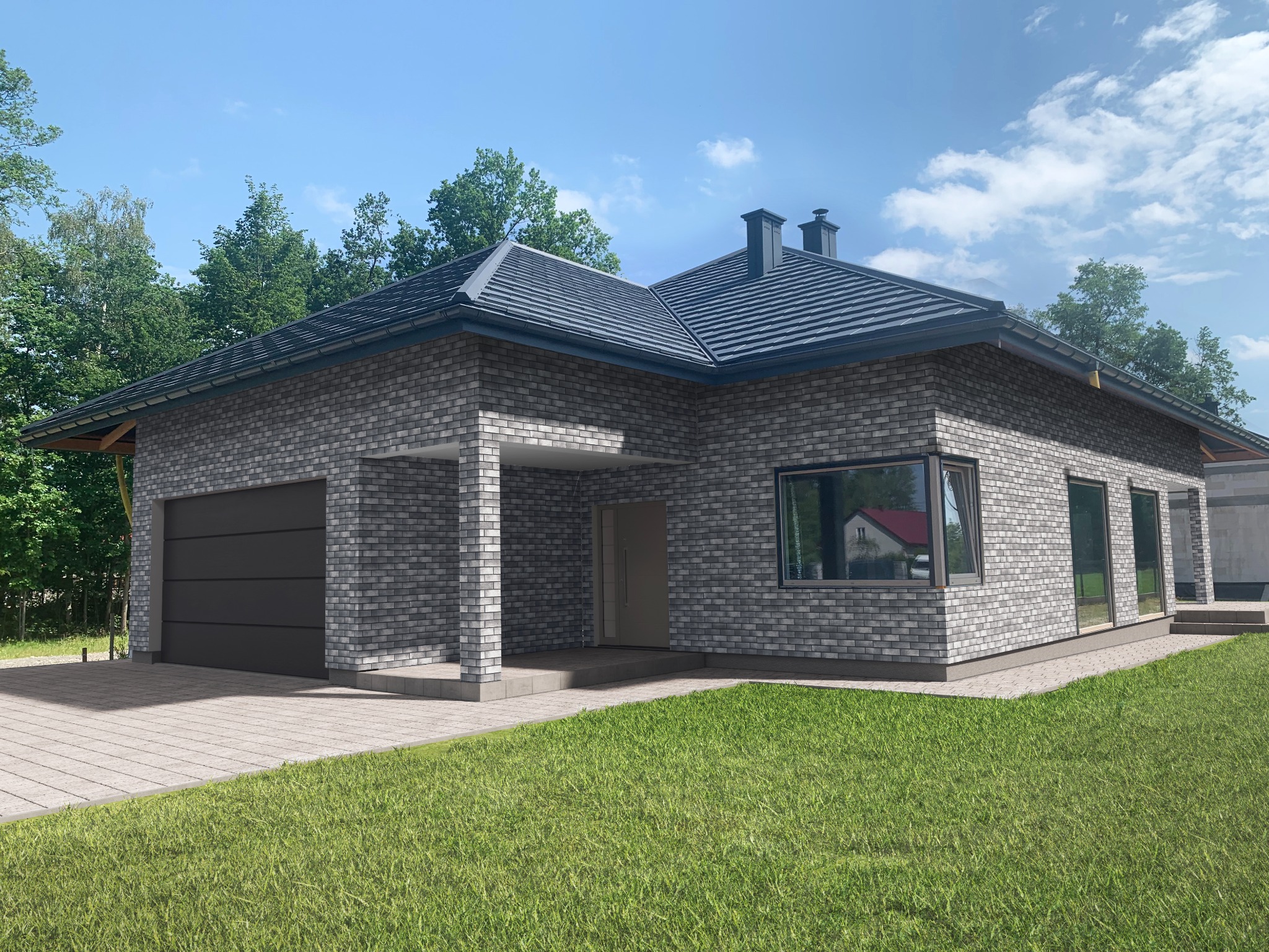 Wizualizacja parterowego domu jednorodzinnego z szarej cegły klinkierowej, z garażem po lewej stronie i ciemnoszarą dachówką, otoczonego trawnikiem i drzewami.