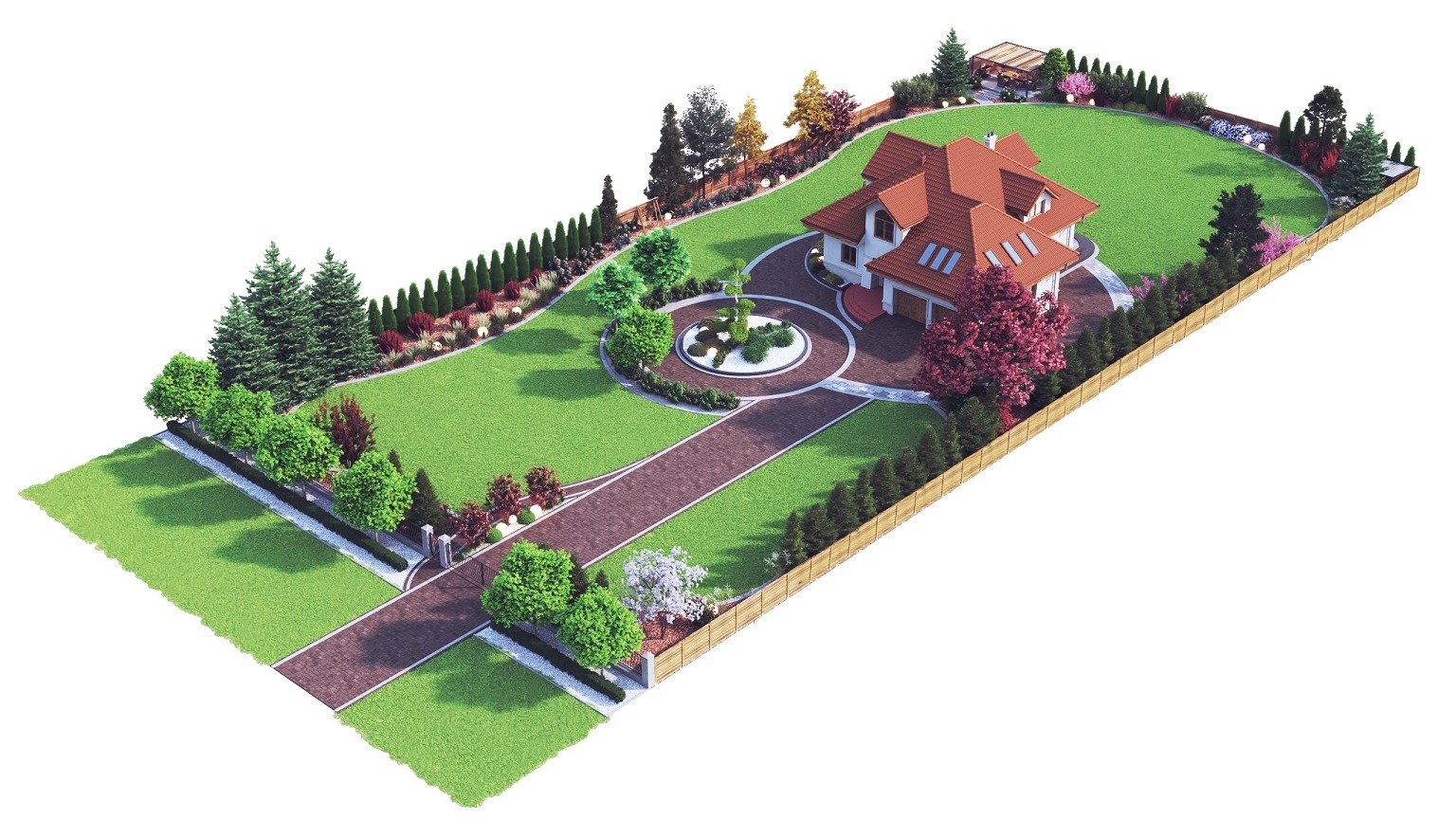 Wizualizacja 3D domu jednorodzinnego z ogrodem, widok z góry, ukazująca zagospodarowanie terenu z alejkami z kostki, rabatami kwiatowymi i trawnikiem.