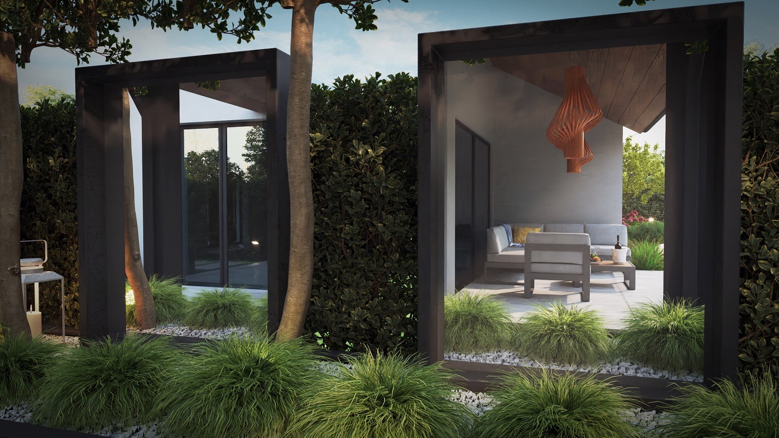 Wizualizacja nowoczesnego tarasu z minimalistycznym umeblowaniem i oryginalną lampą wiszącą, otoczonego zielenią i elementami małej architektury.
