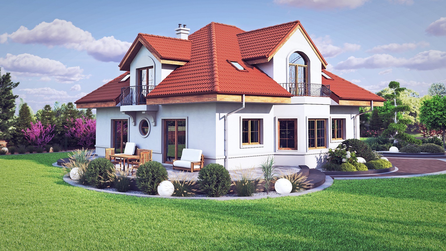 Wizualizacja dwukondygnacyjnego domu z czerwoną dachówką, balkonem z kutą balustradą i tarasem z drewnianymi meblami ogrodowymi, otoczonego zadbanym trawnikiem i dekoracyjnymi kulami świetlnymi.