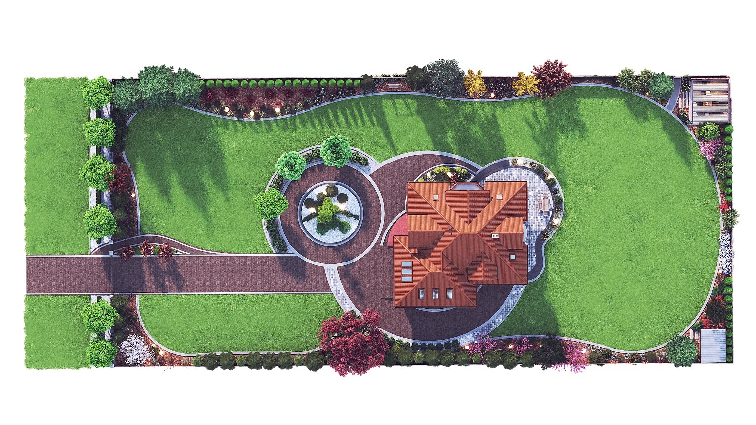 Wizualizacja z lotu ptaka domu z rozległym, zadbanym ogrodem, okrągłym podjazdem i symetrycznym układem zieleni.