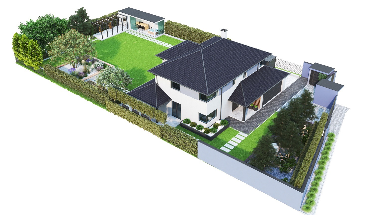 Wizualizacja 3D nowoczesnego domu z ogrodem, widok z góry ukazuje zielony trawnik, pergolę z wiszącymi fotelami, zadbane rabaty kwiatowe, ścieżki z płyt oraz minimalistyczną architekturę budynku...