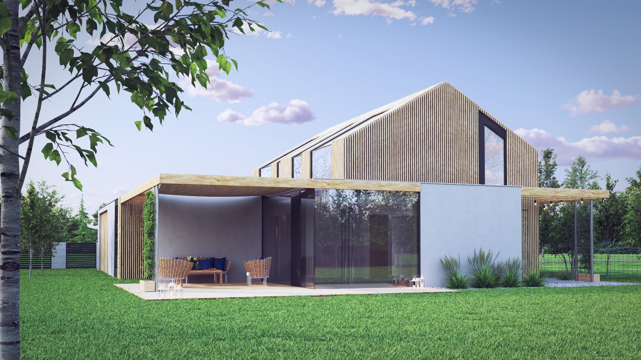 Wizualizacja nowoczesnego domu z drewnianą elewacją i przeszklonym tarasem, widok z zewnątrz na zadbany trawnik i drzewa.