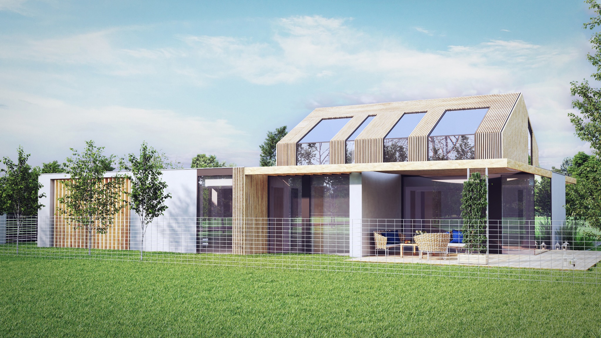 Wizualizacja nowoczesnego domu jednorodzinnego z drewnianą elewacją i dużymi oknami, otoczonego zielonym trawnikiem i ogrodzeniem z siatki.