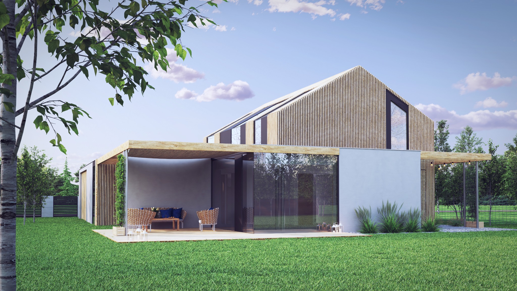 Wizualizacja nowoczesnego domu z drewnianą fasadą, dużymi przeszkleniami i tarasem, otoczonego zielonym trawnikiem i drzewami.