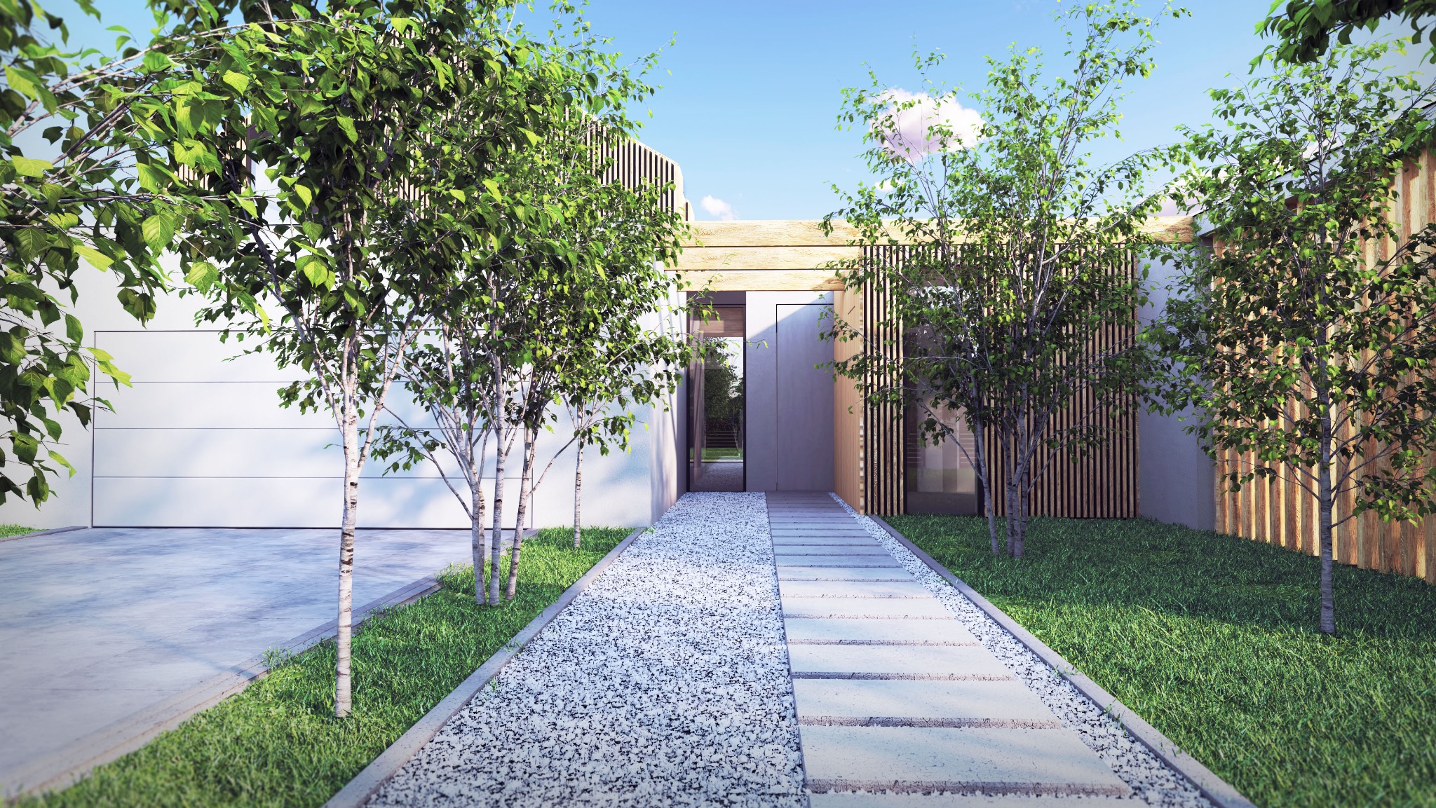 Nowoczesny dom z białymi ścianami, drewnianymi akcentami i ścieżką z jasnego żwiru prowadzącą do wejścia, otoczony młodymi drzewami.