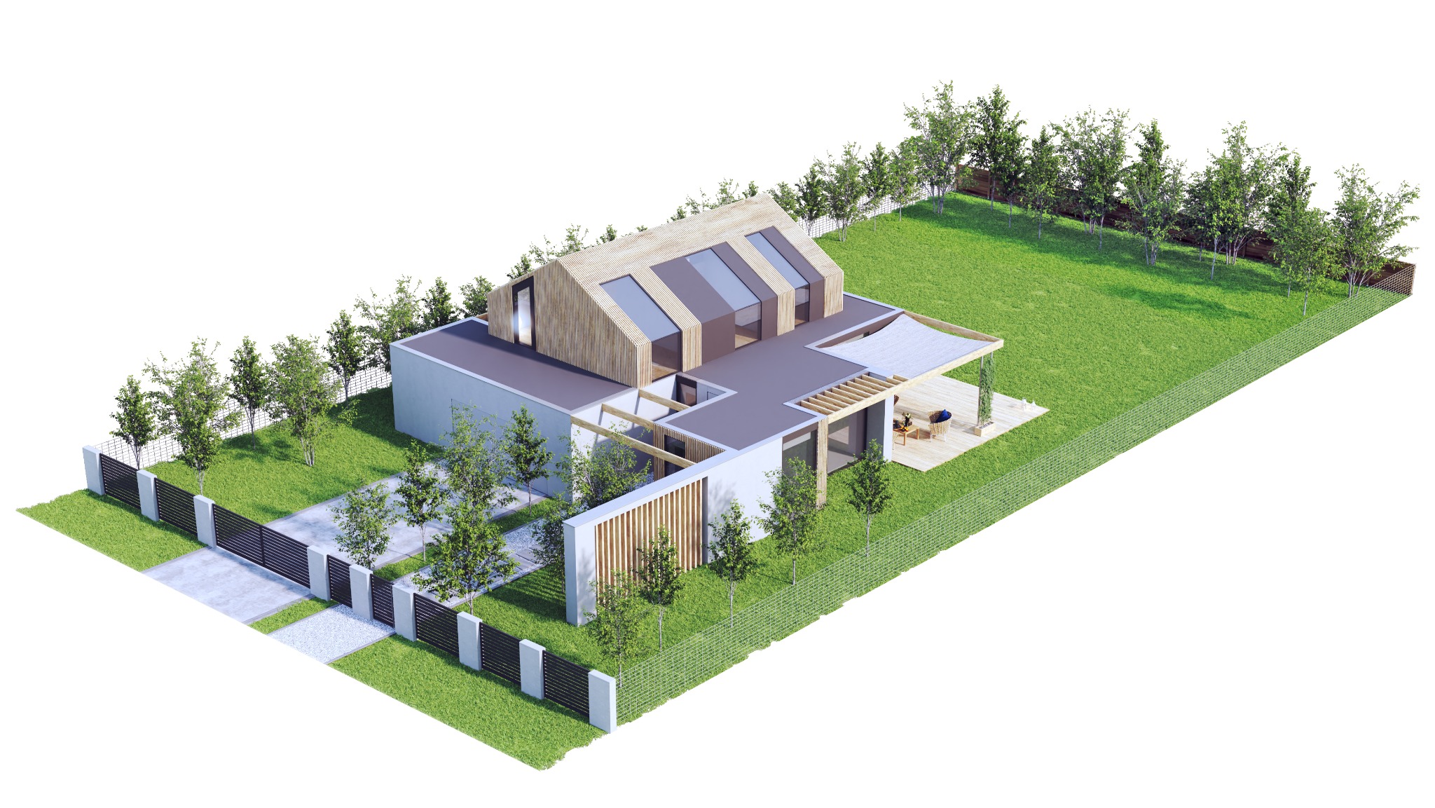 Wizualizacja 3D nowoczesnego domu z płaskim dachem i drewnianą nadbudówką, widok z góry, z zaznaczonym ogrodem, tarasem i ogrodzeniem.