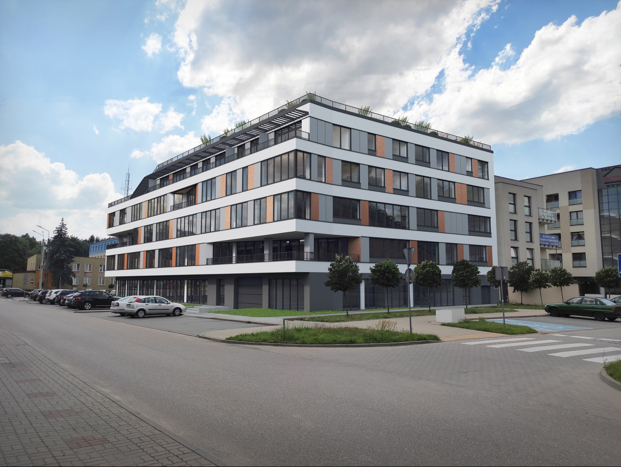 Wizualizacja nowoczesnego, czterokondygnacyjnego budynku biurowego z płaskim dachem i zielenią, z widocznymi elementami elewacji w kolorze białym, szarym i drewnopodobnym, prezentowana w otoczeniu...