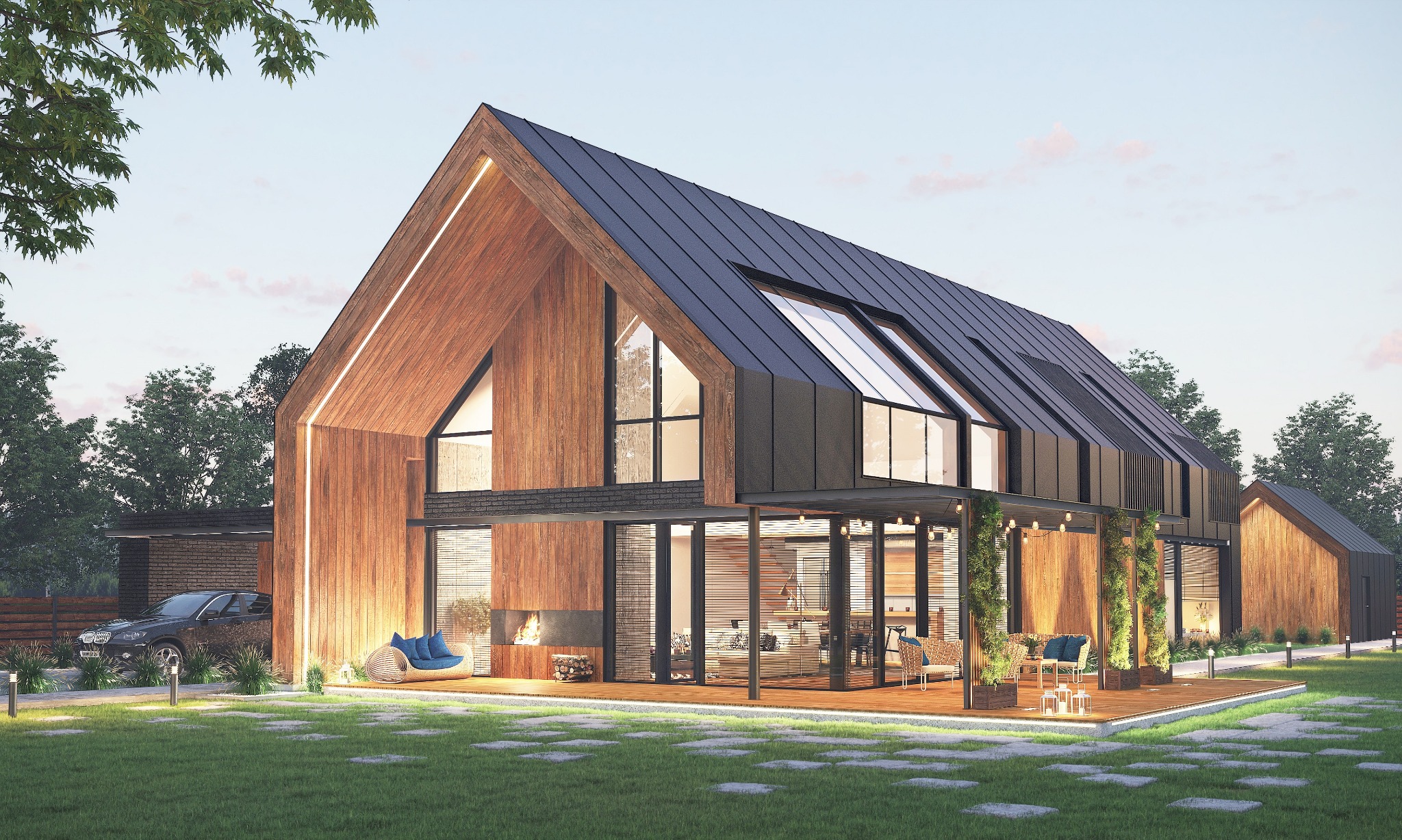 Wizualizacja nowoczesnego domu z drewnianą elewacją, dużymi oknami i tarasem z meblami ogrodowymi, oświetlonego ciepłym światłem, z samochodem zaparkowanym obok.